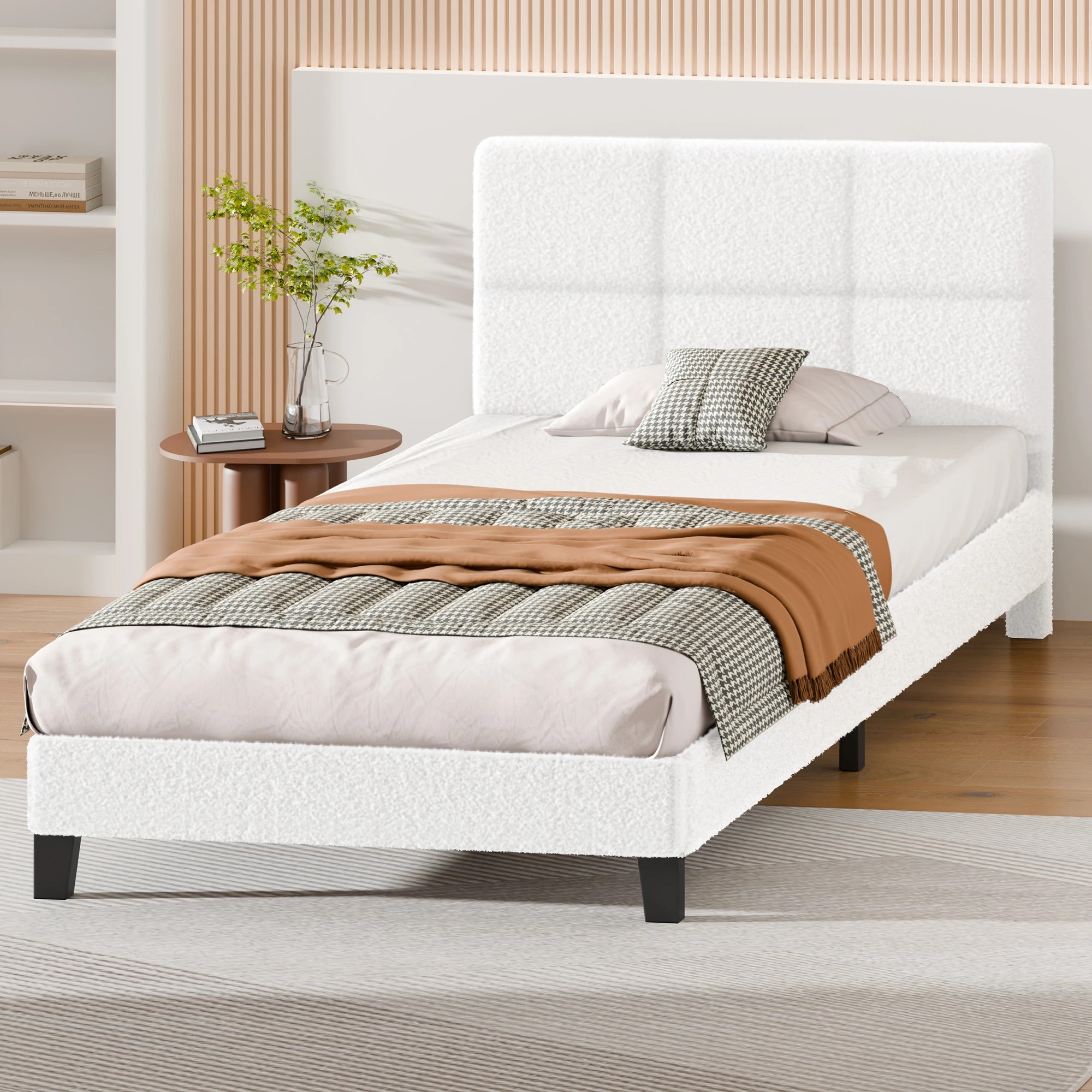 8 Alfordson Bed Frame Single Size Tufted Headboard Boucle - White, 8 of 9