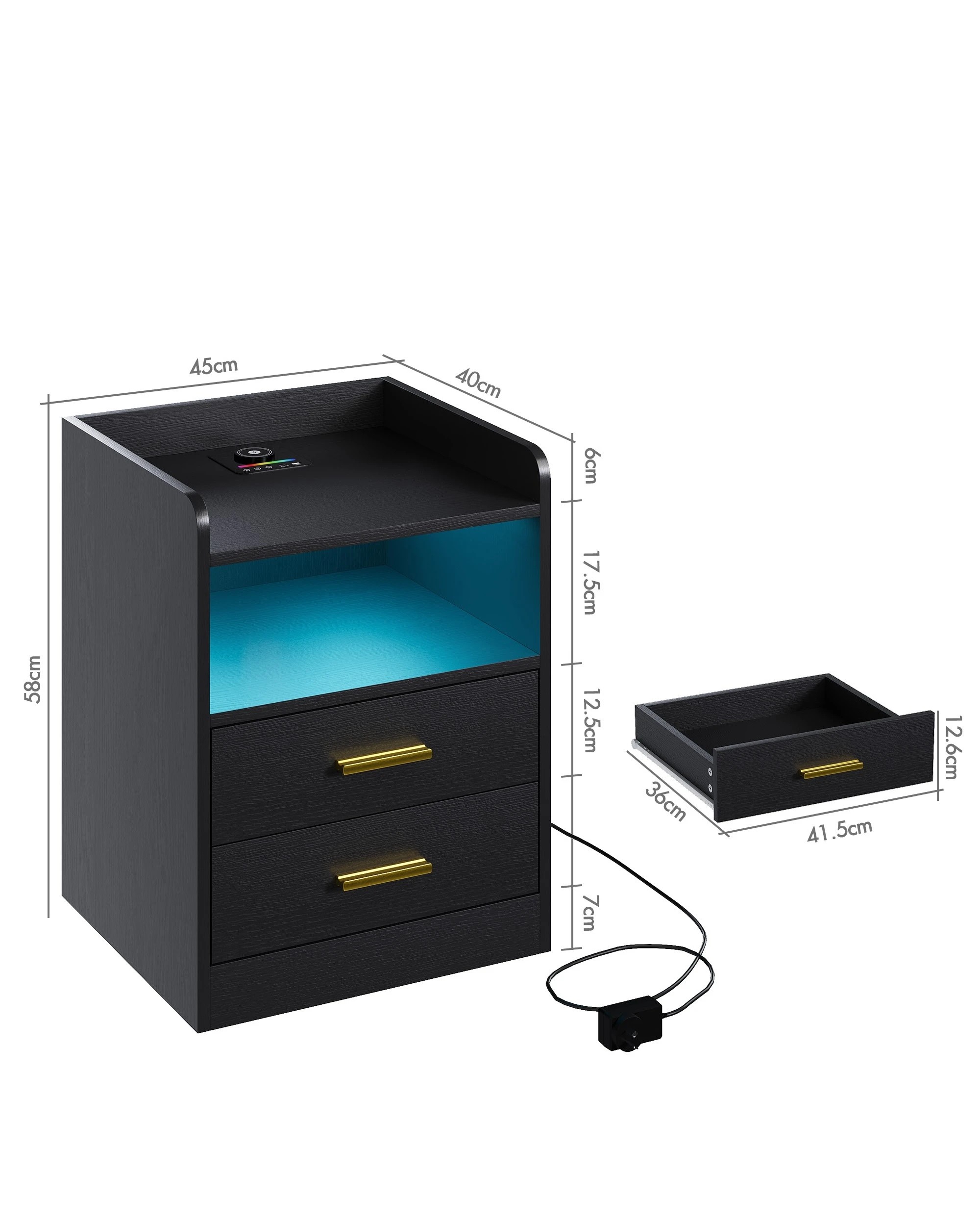 3 Advwin Led Bedside Table 2 Drawers Wireless Charging Station Smart Control - Black, 3 of 9