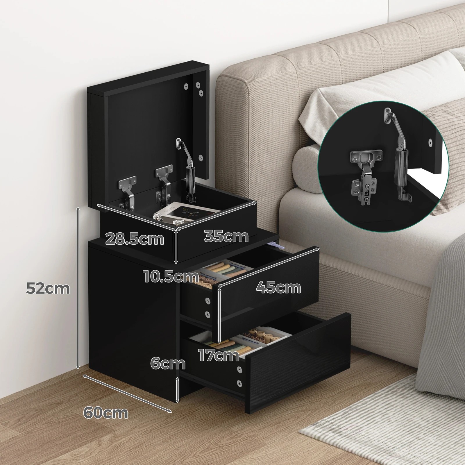 5 Alfordson Bedside Table RGB LED Nightstand 2 Drawers 4 Side High Gloss - Black, 5 of 10