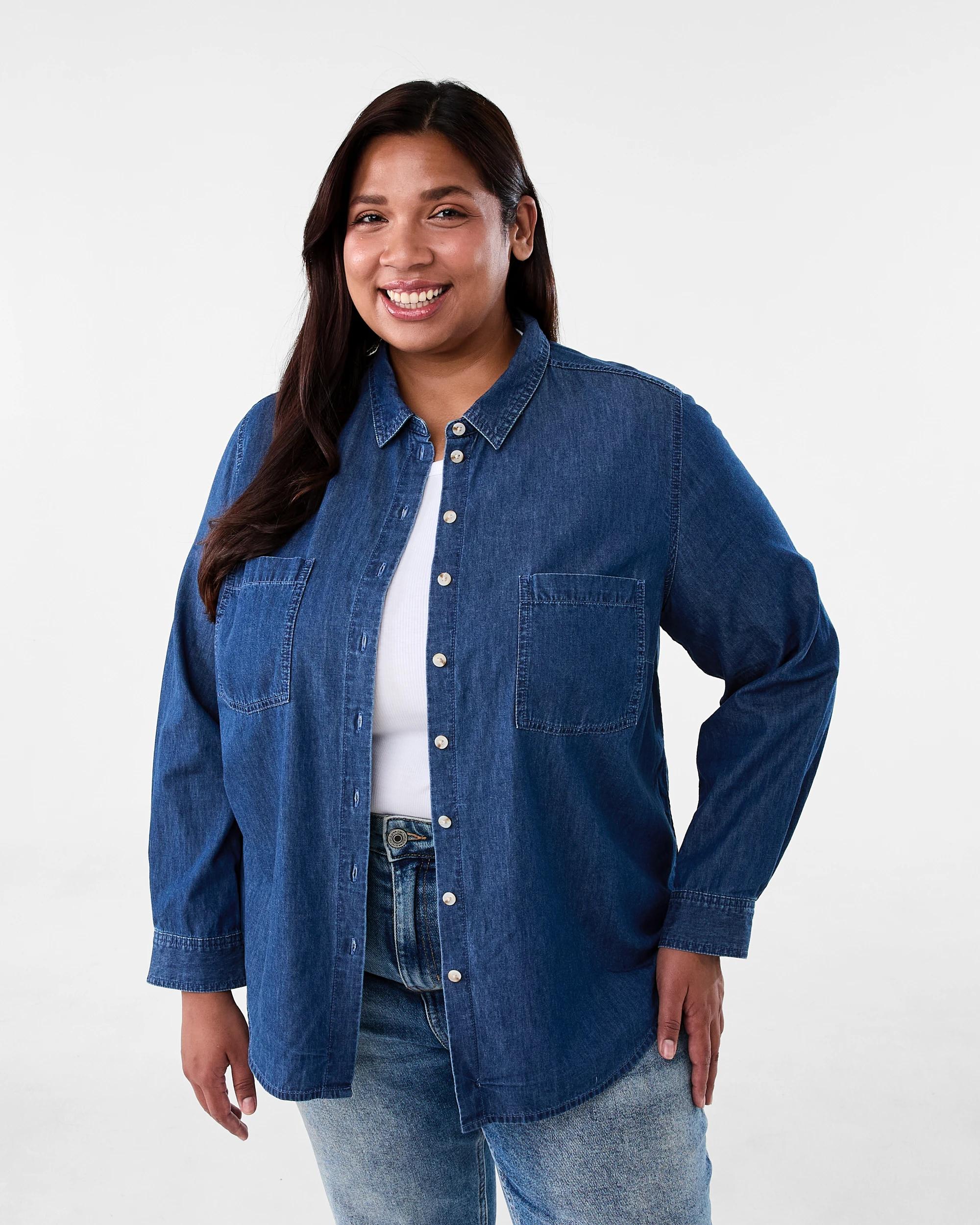 1 Curve Long Sleeve Denim Shirt Mid Wash, 1 of 9