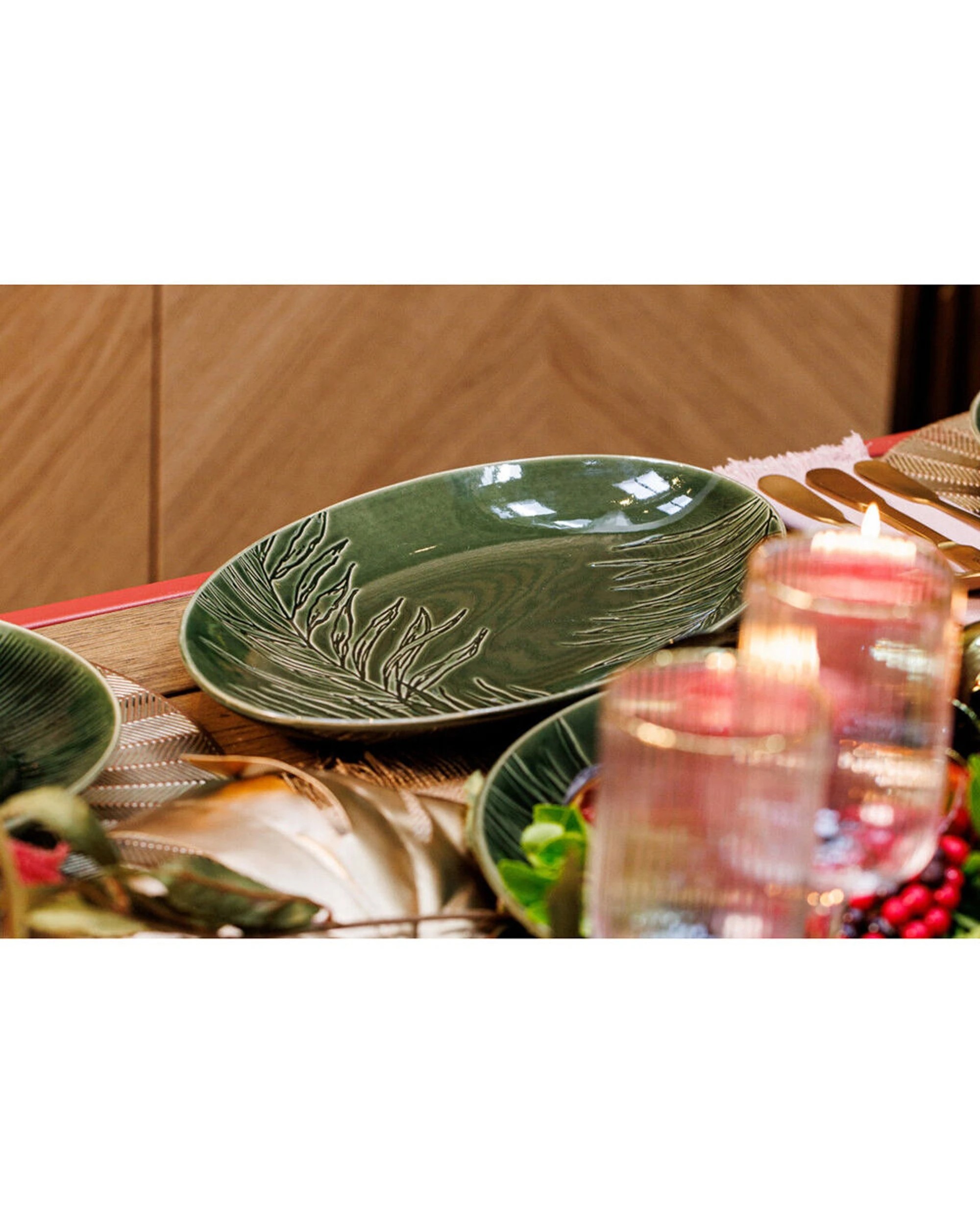2 Mikasa Jardin Stoneware Oval Serving Platter 36cm Botanical Organic Details - Green, 2 of 6