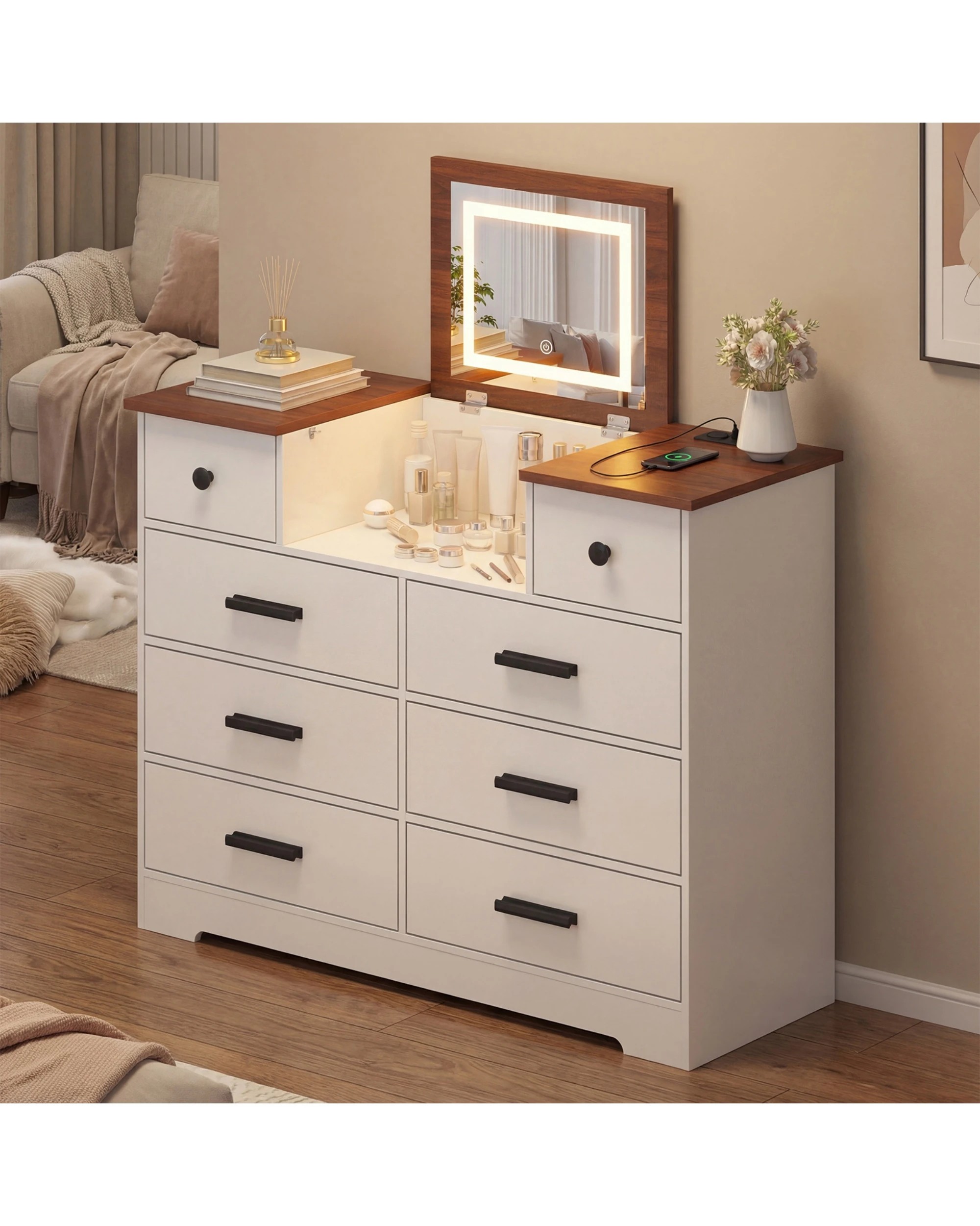 9 Advwin Dresser with Mirror Chest of Drawers with LED Lights and Charging Station - White, 9 of 10