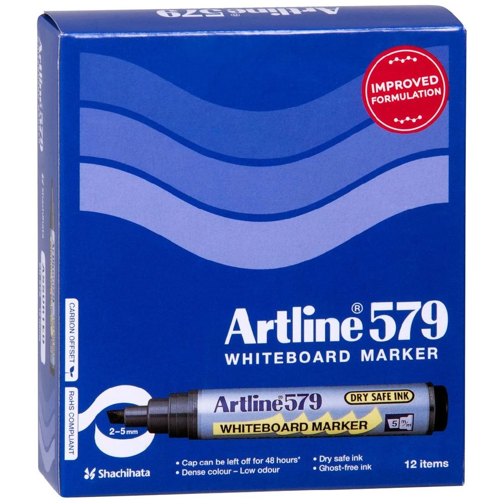 1 Artline 579 Whiteboard Markers Chisel Black 12 Pack, 1 of 2