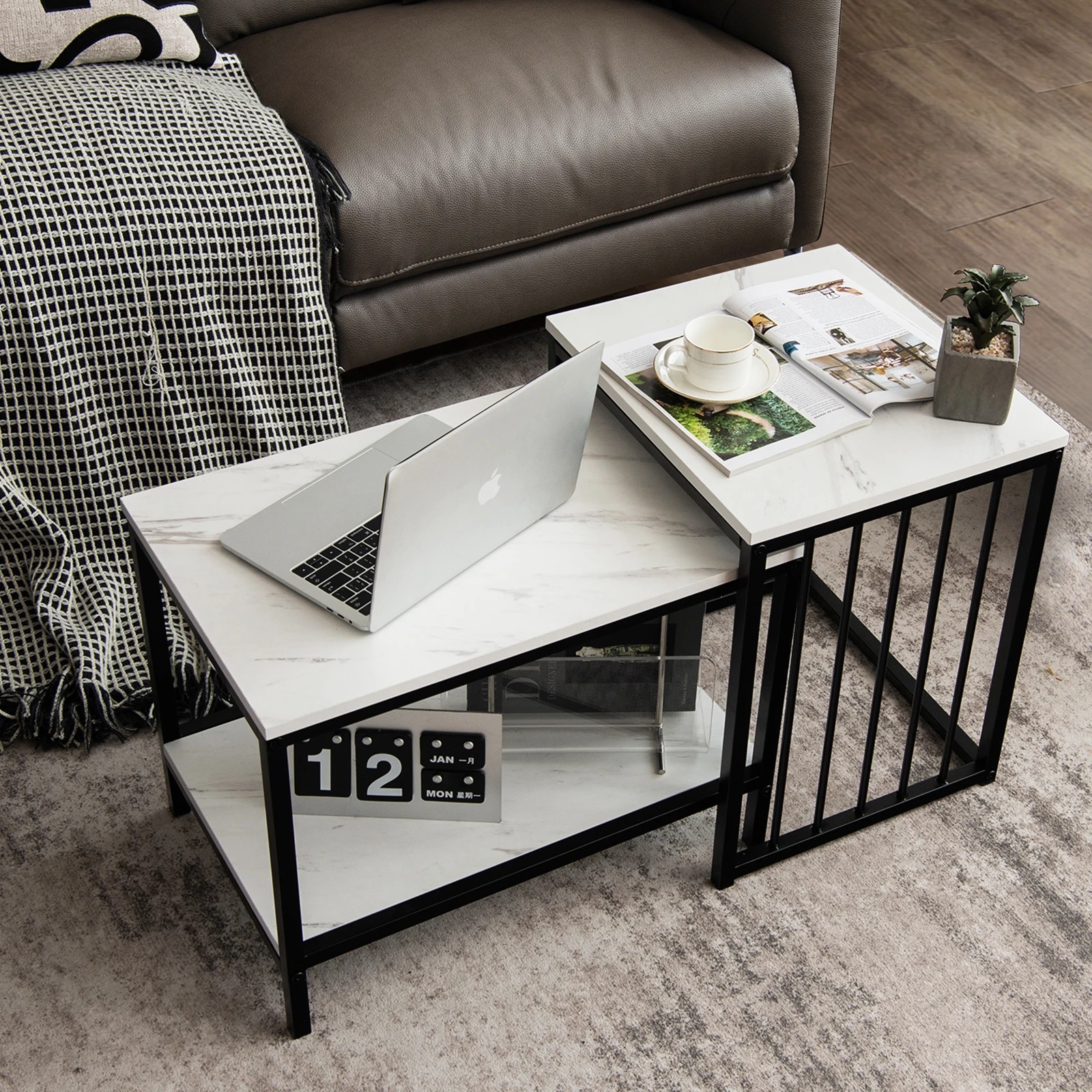 3 Costway Set of 2 Nesting Coffee Tables Rectangle Sofa Side Table w/Storage Shelf, 3 of 6