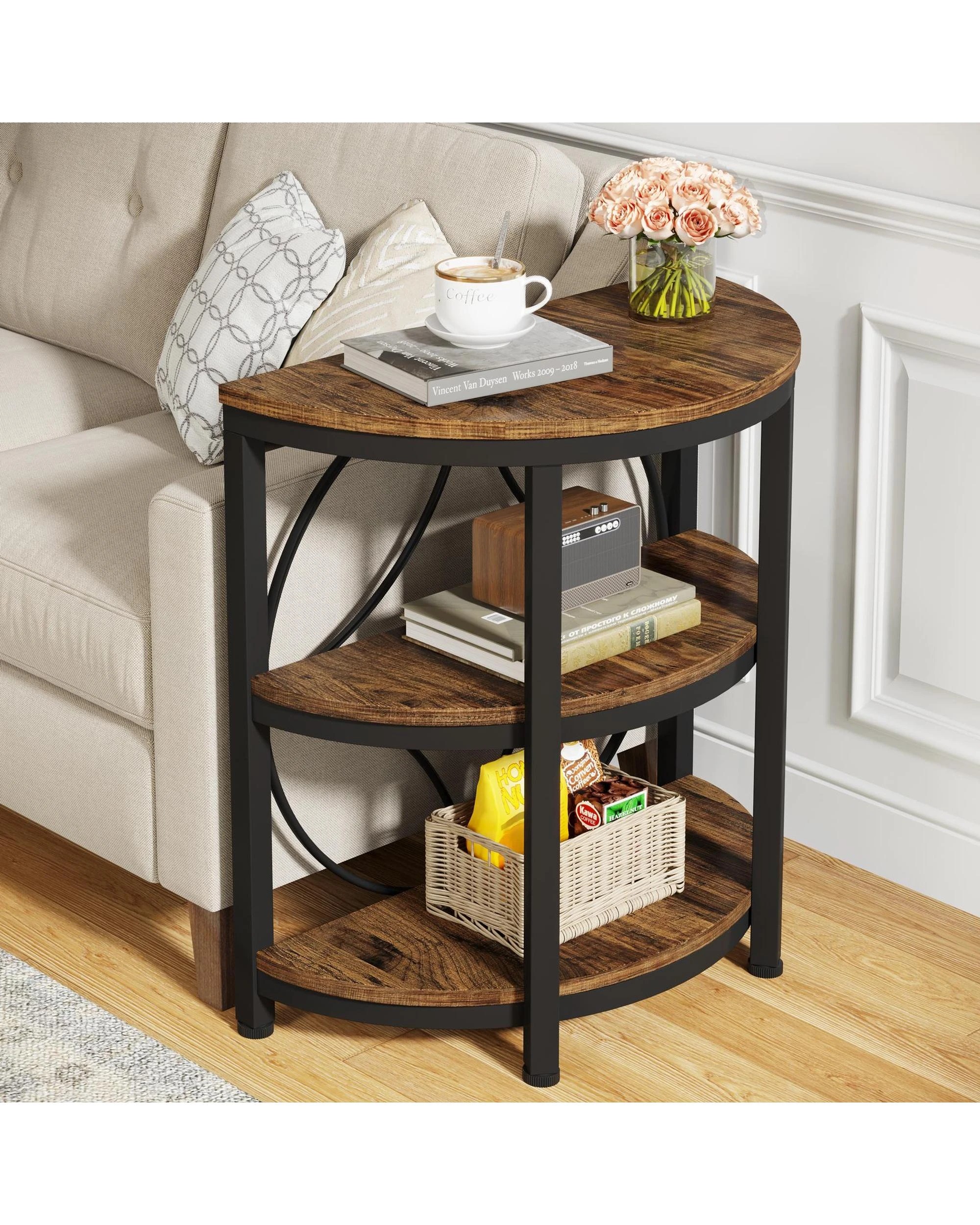 2 OAKORY Half-Round End Table, 3-Tier Narrow Side Table with Metal Frame, Rustic Brown Top, 2 of 8