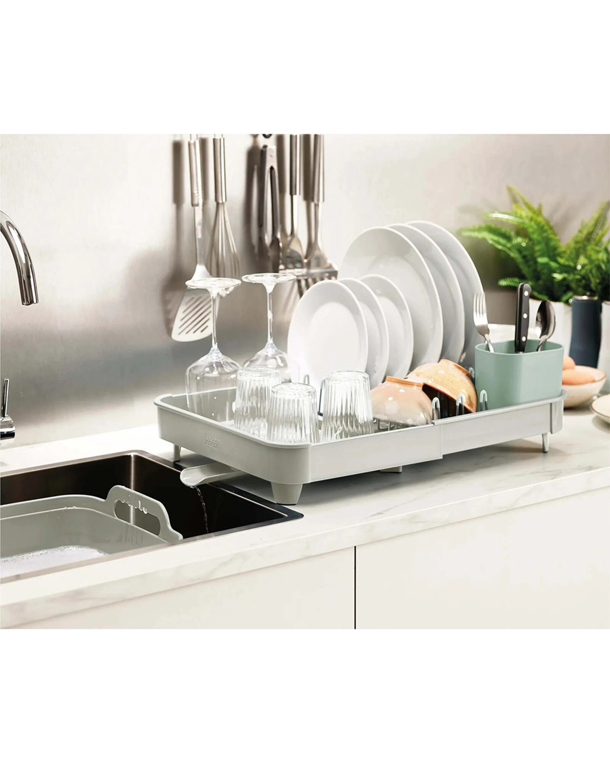 2 Joseph Joseph Extend Dish Rack 53cm With Plug And Movable Cutlery Drainer Light Stone Sage - Multi, 2 of 5