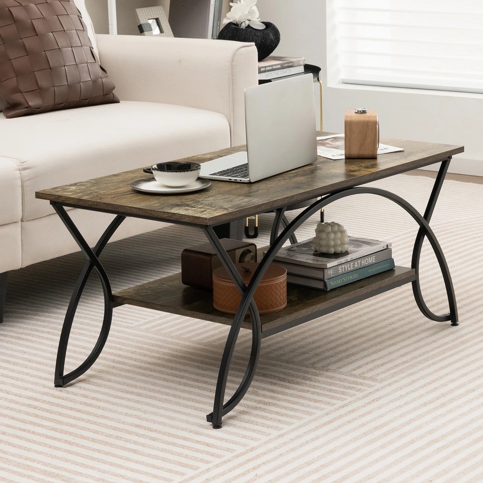 3 Costway 2-Tier Coffee Table Rectangular Cocktail Table w/Arched Metal Frame, 3 of 5