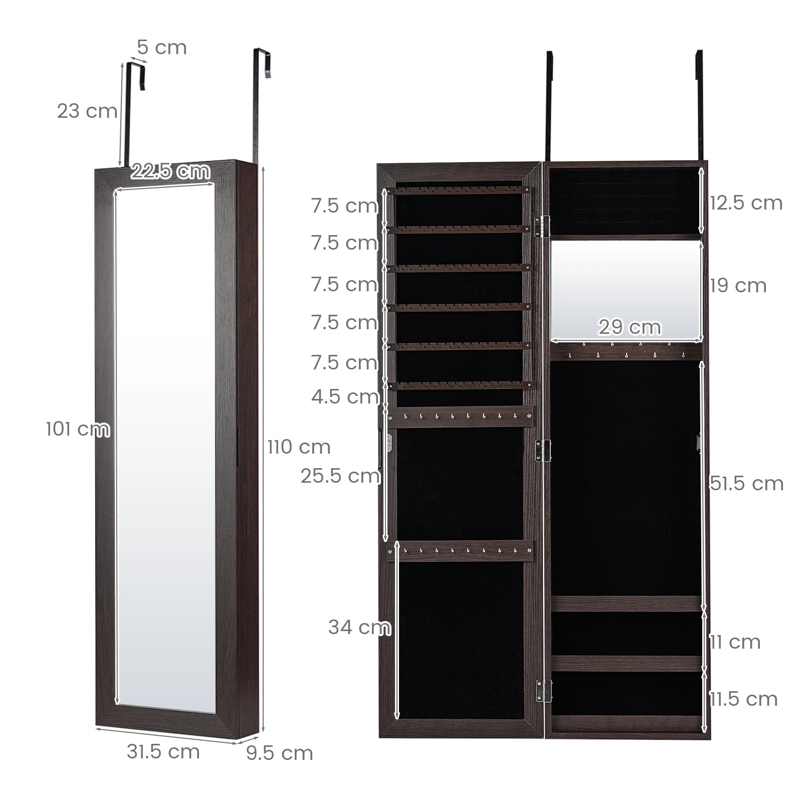 4 Costway Mirror Jewellery Cabinet Wall Mounted Jewelry Organiser w/2 Hanging Hook Storage Shelves - Brown, 4 of 4