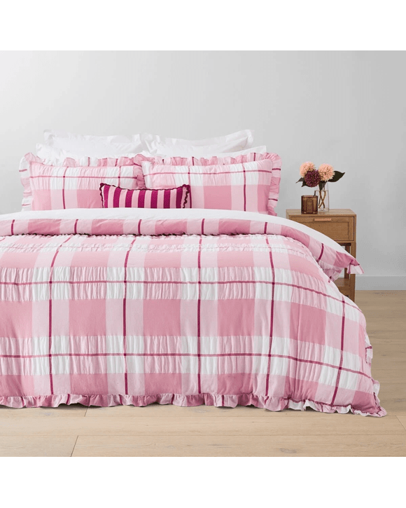 Check Seersucker Cotton Quilt Cover Set - Double Bed, Pink