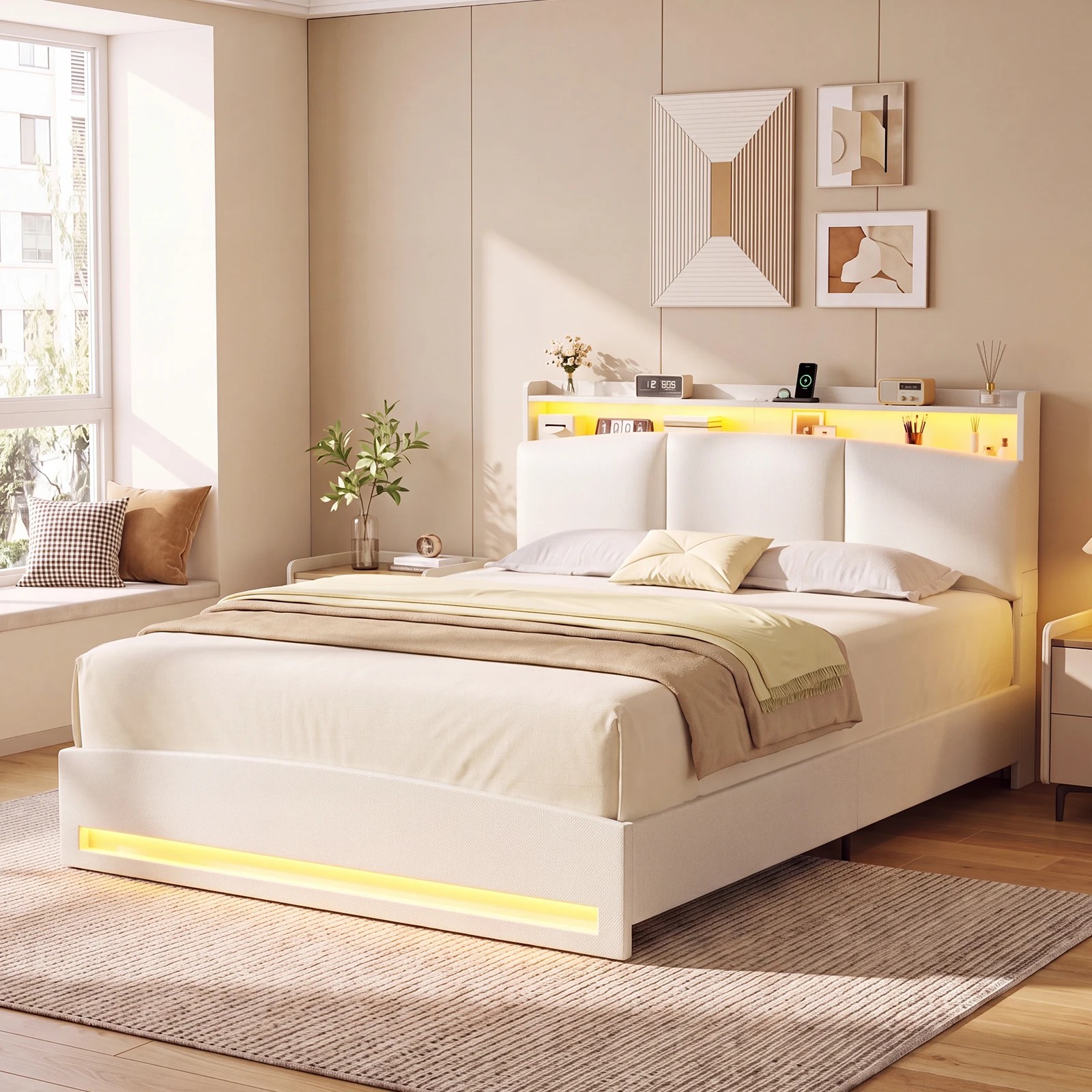 8 Advwin Double Gas Lift Storage Bed Frame with Charging Station - Beige, 8 of 8
