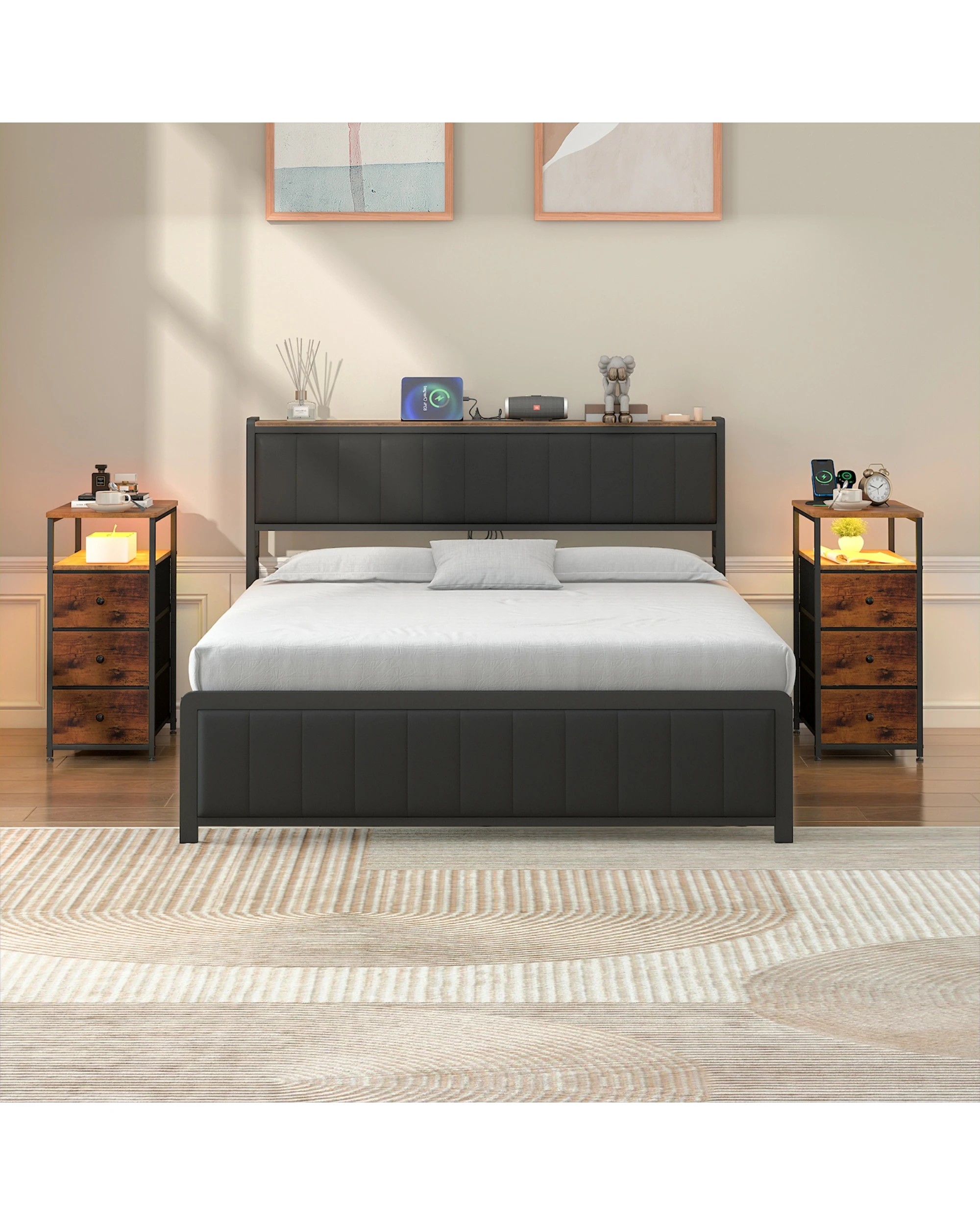 2 Advwin LED End Table Sofa Side Table with Charging Station and Drawers Narrow Bedside Table, 2 of 8