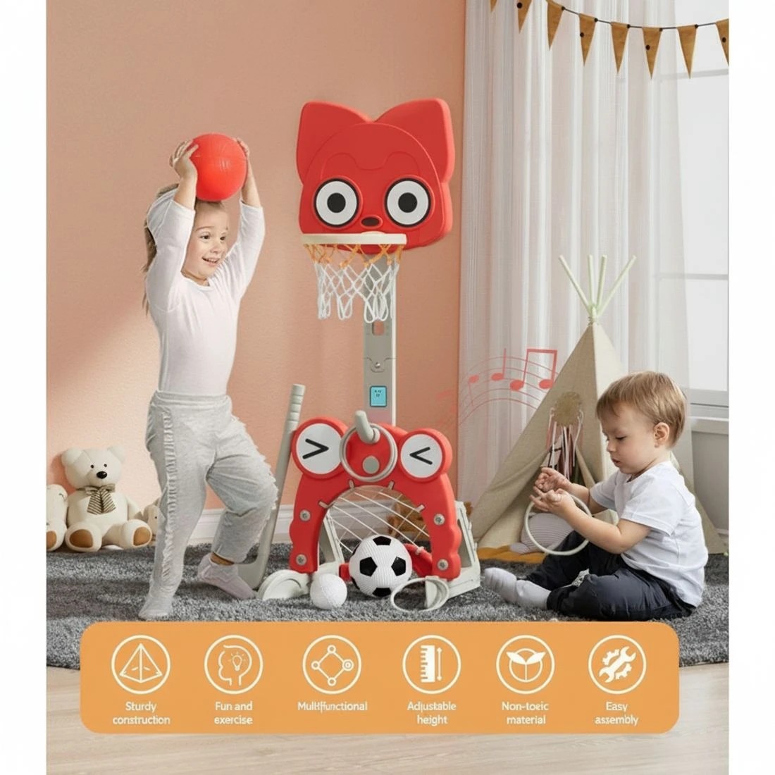 5 Keezi Kids Basketball Hoop Stand Adjustable 5-in-1 Sports Center Toys Set - Red, 5 of 7