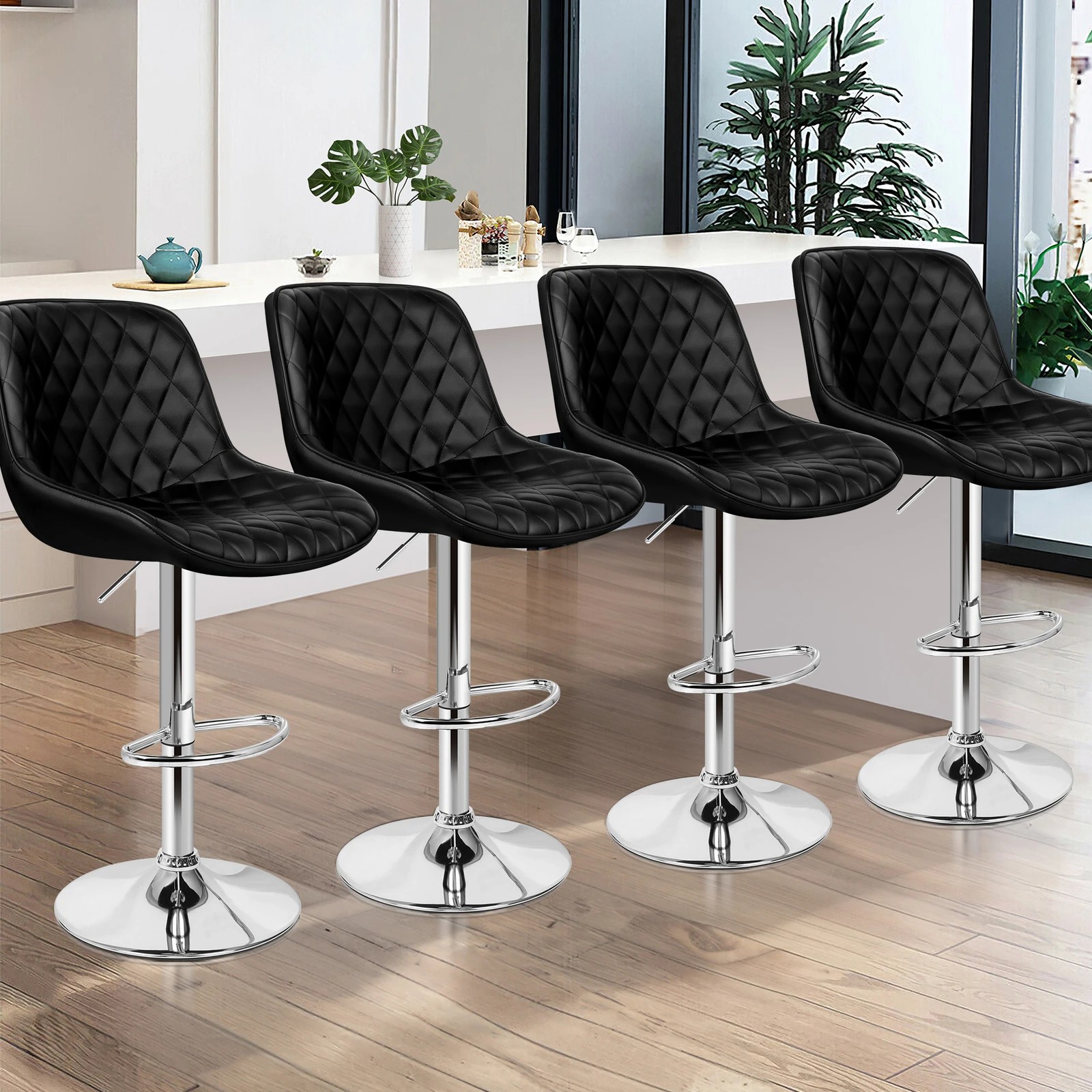 2 Alfordson 4x Bar Stools Gas Lift Leather Bar Chairs Kitchen Swivel - Black, 2 of 10
