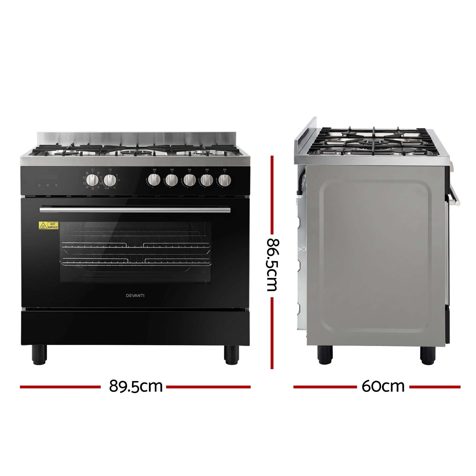 3 Devanti 90cm Dual Fuel Oven Cooker Gas Cooktop Electric Oven - Black, 3 of 9