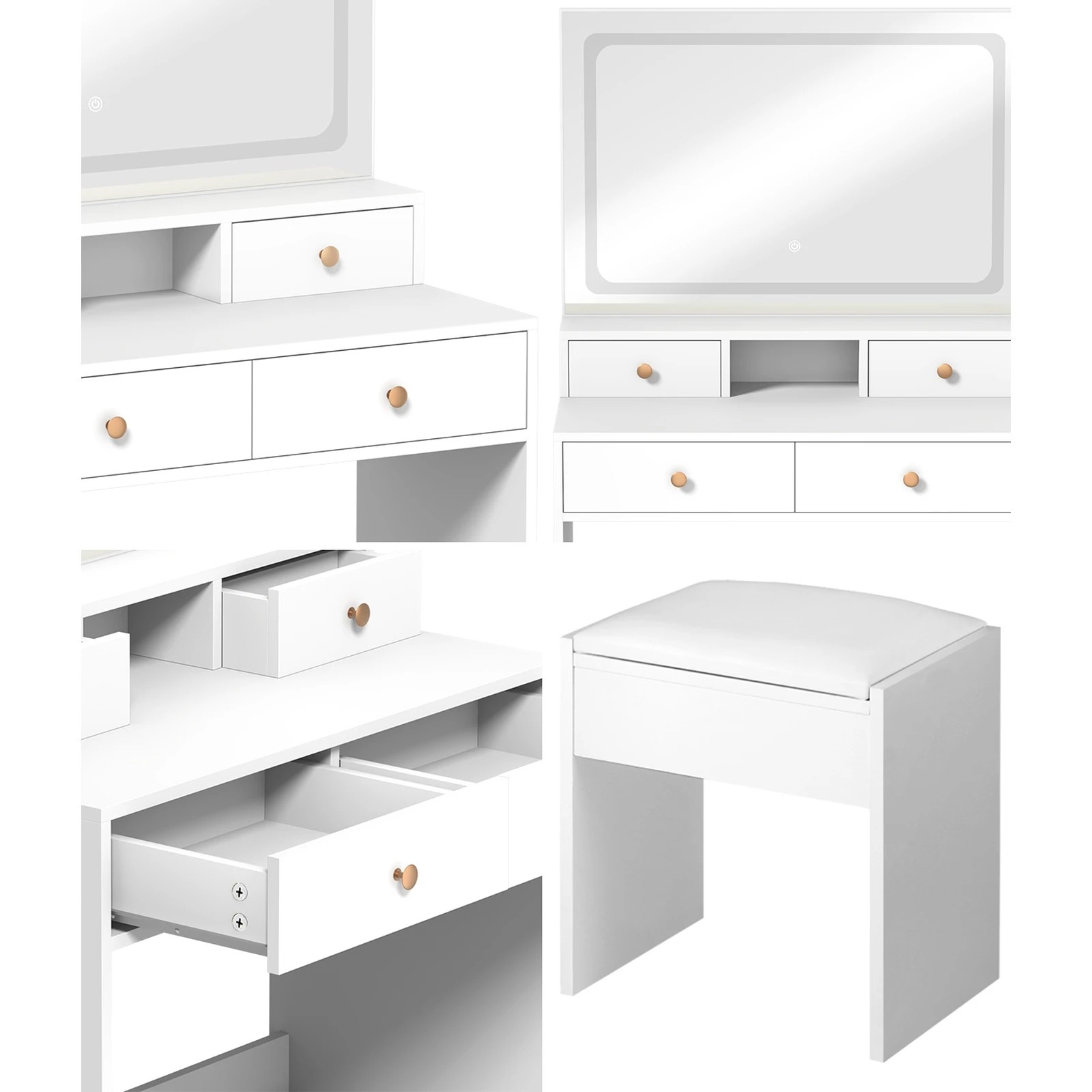 4 Oikiture Dressing Table Stool Set Led Mirror Vanity Desk With Drawers
 - White, 4 of 9