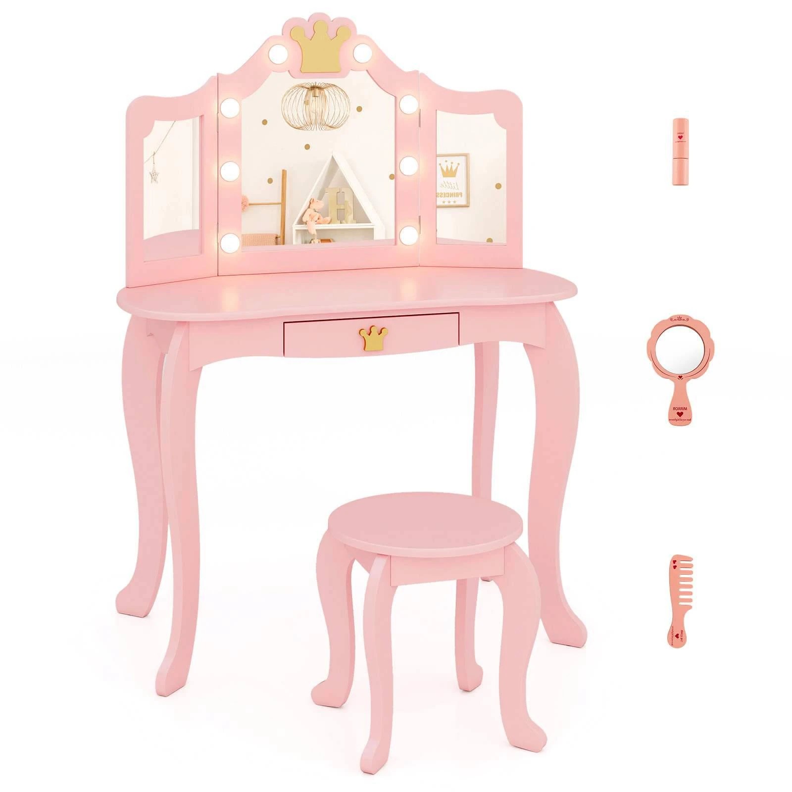 1 Costway 2-in-1 Vanity Table & Chair Set Makeup Dressing Desk - Pink, 1 of 1