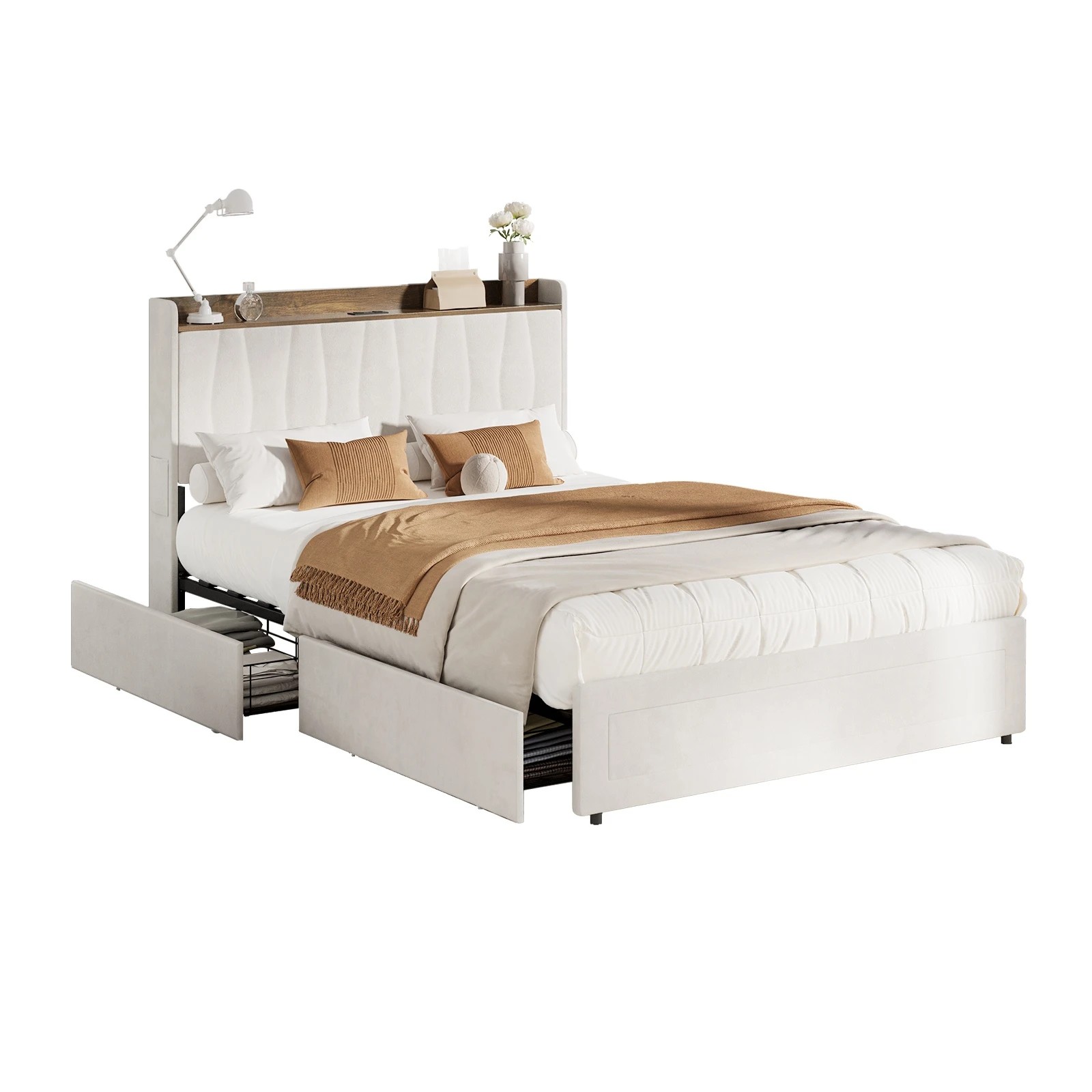 1 Oikiture Bed Frame Double Size with 4 Drawers Charging Station USB Ports - Beige, 1 of 7