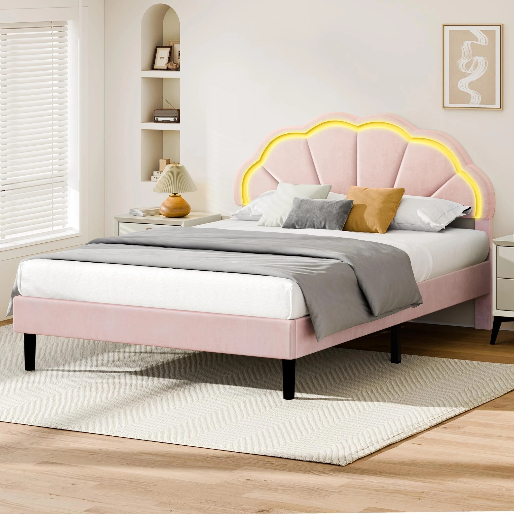 7 Alfordson Bed Frame Double LED Adjustable Headboard Velvet - Pink, 7 of 10