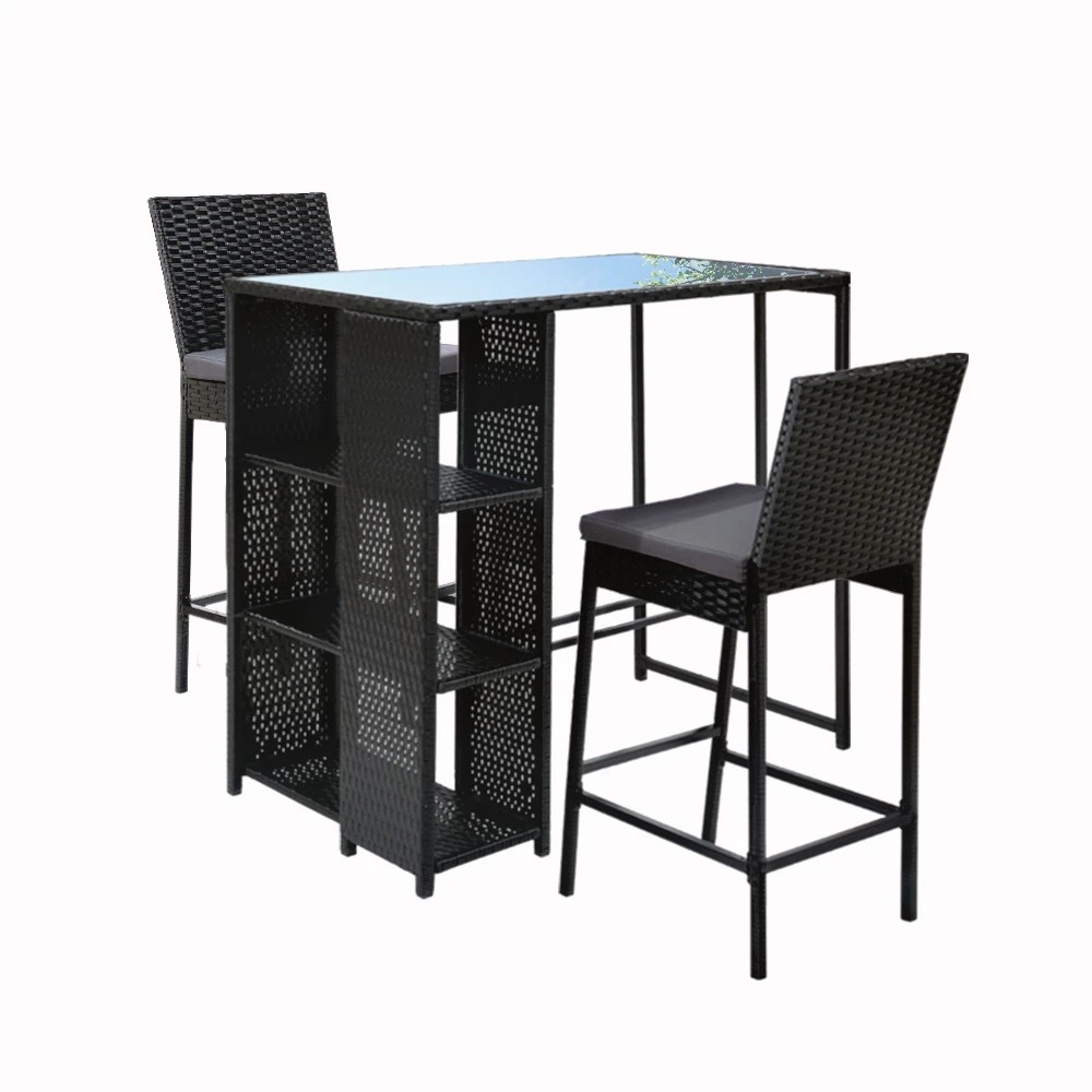 1 Gardeon 3-Piece Outdoor Bar Set Patio Dining Chairs Wicker Table Stools - Black, 1 of 5