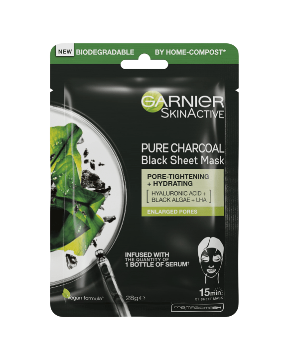 Garnier SkinActive Pure Charcoal Black Sheet Mask 28g - Black Algae, LHA & Hyaluronic Acid