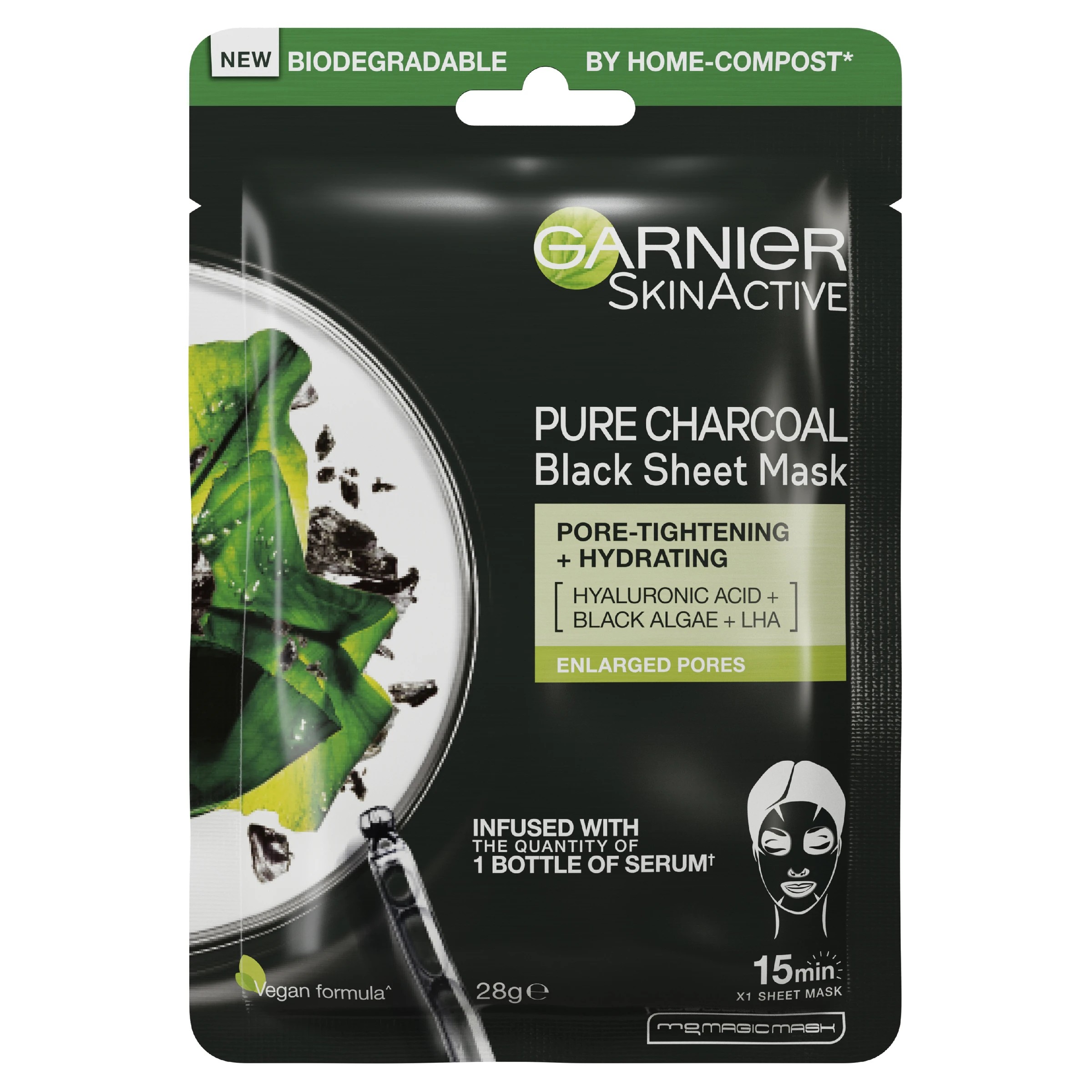 1 Garnier SkinActive Pure Charcoal Black Sheet Mask 28g - Black Algae, LHA & Hyaluronic Acid, 1 of 9