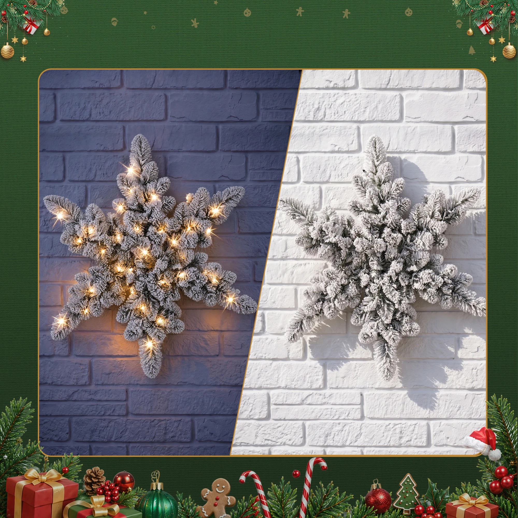 5 Jingle Jollys 60cm Flocked Snowflake Christmas Wreath Garland Pre-Lit 40 LED Light Decor - Green, 5 of 7