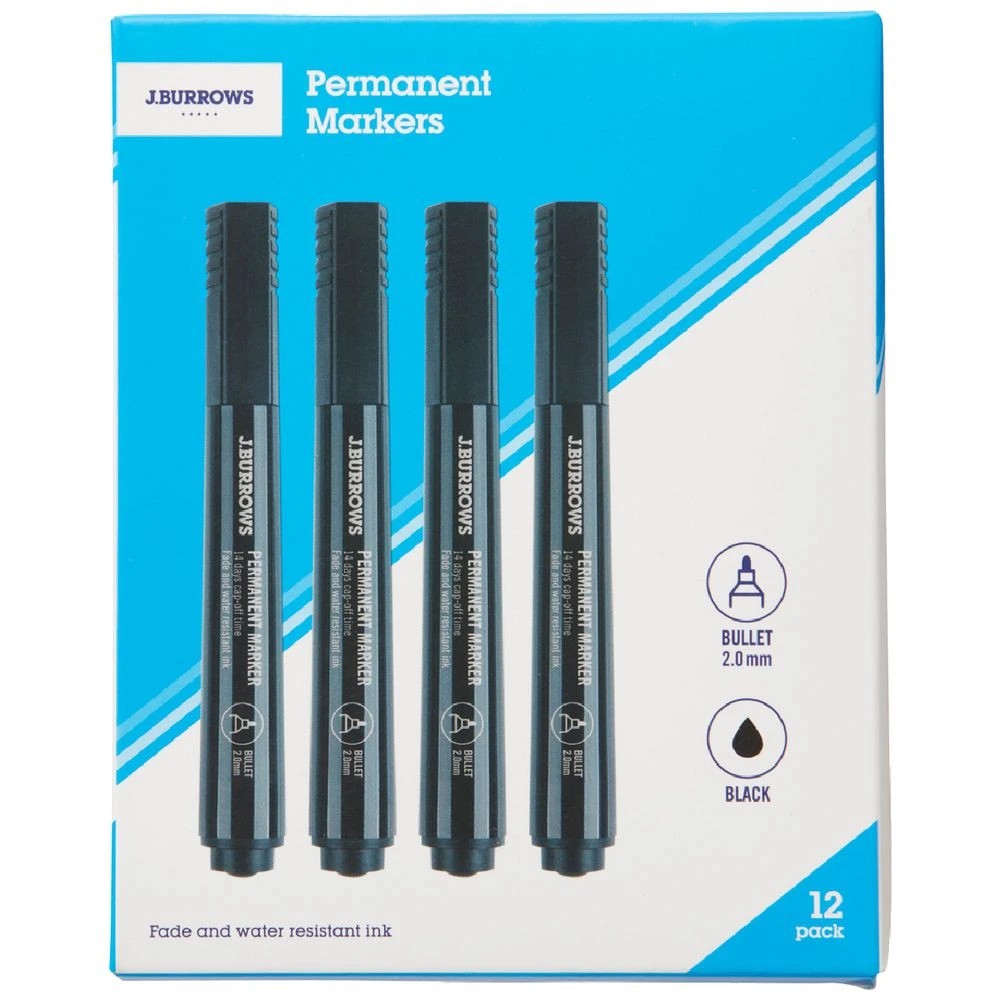 1 J.Burrows Permanent Markers Bullet Black 12 Pack, 1 of 3