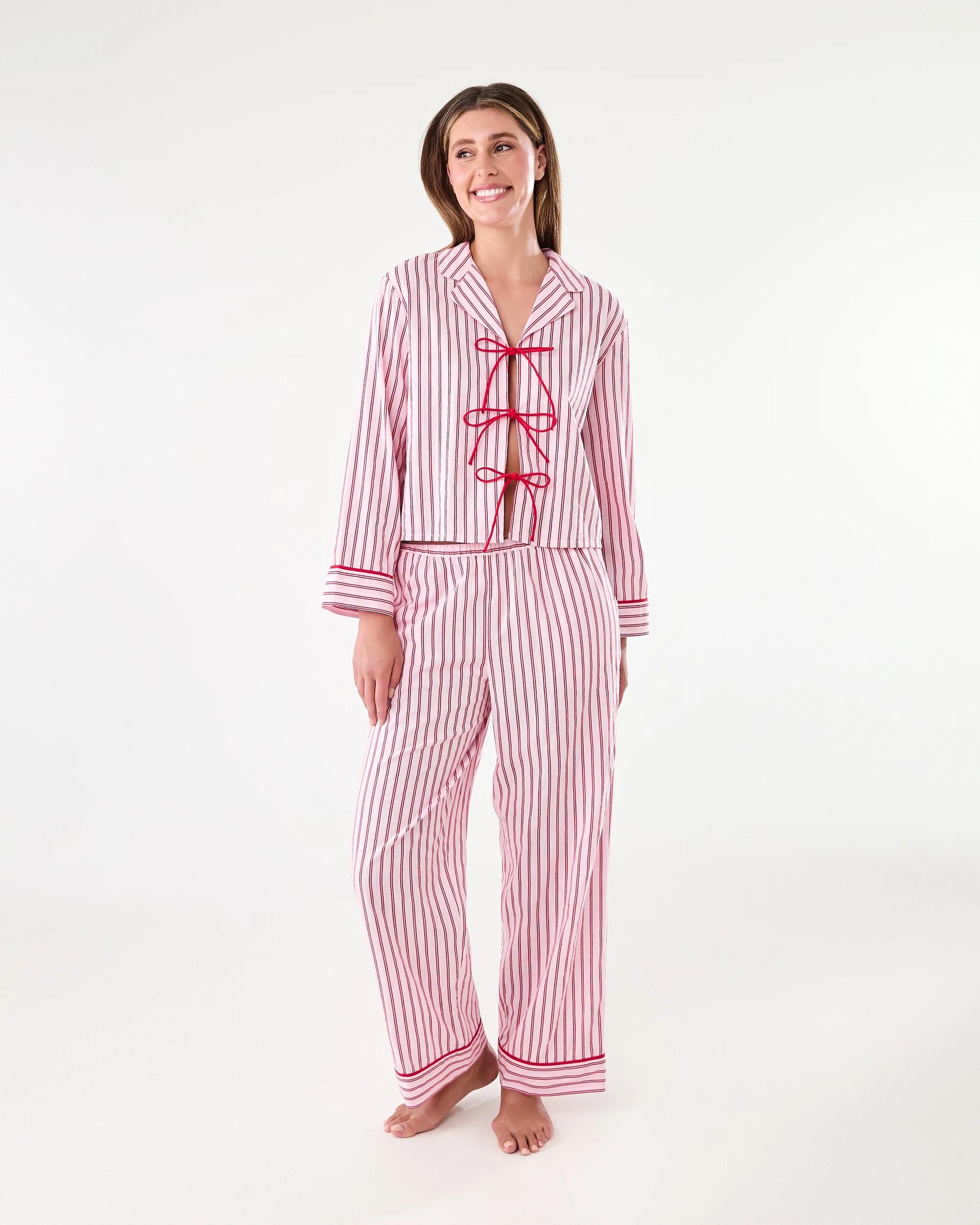 1 Cotton Long Sleeve Tie Front and Pants Pyjama Set Thin Str P, 1 of 9