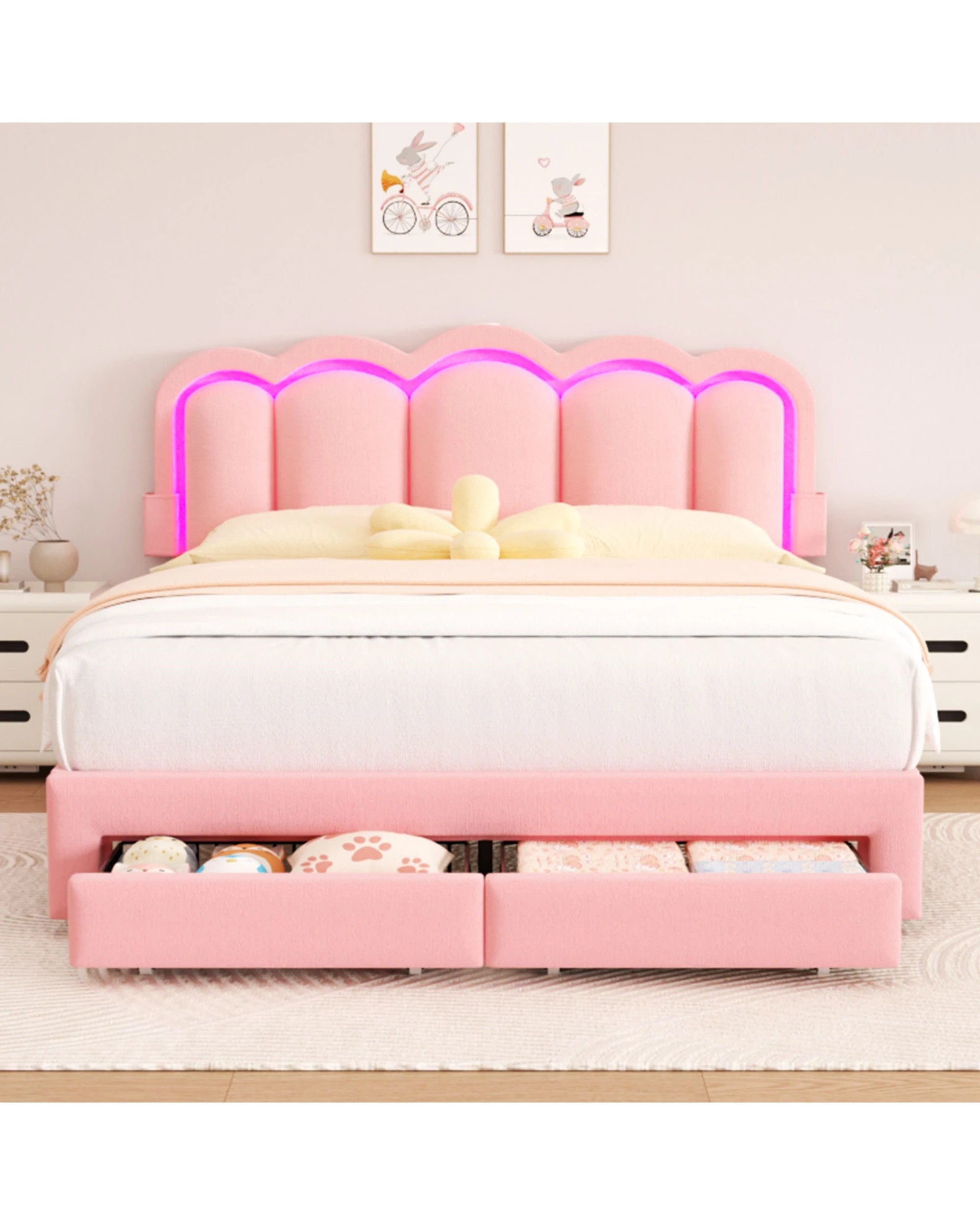2 Advwin LED Bed Frame with Adjustable Headboard and 2 Storage Drawers USB Velvet Double - Pink, 2 of 8