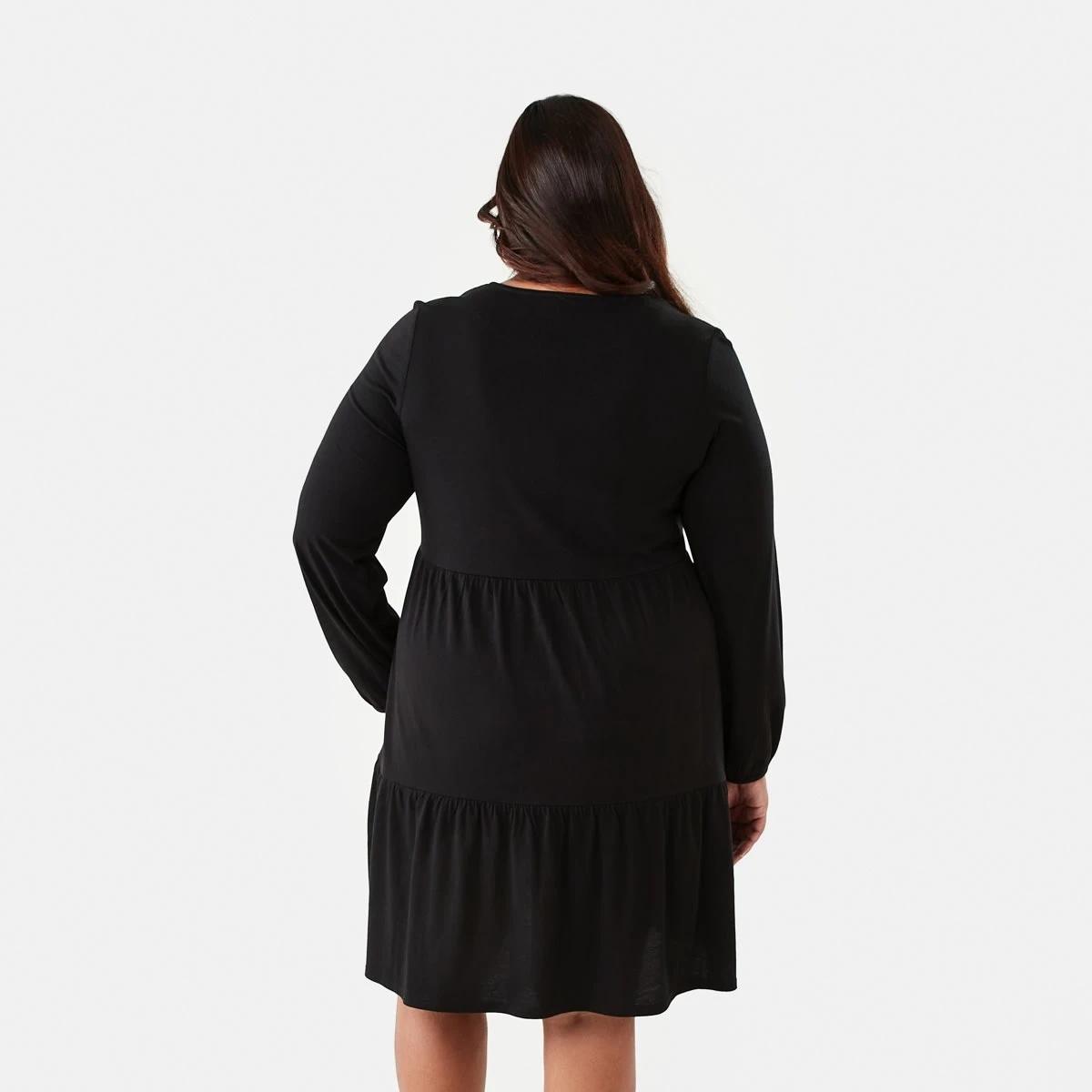 3 Curve Long Sleeve Frill Hem Dress Black, 3 of 7