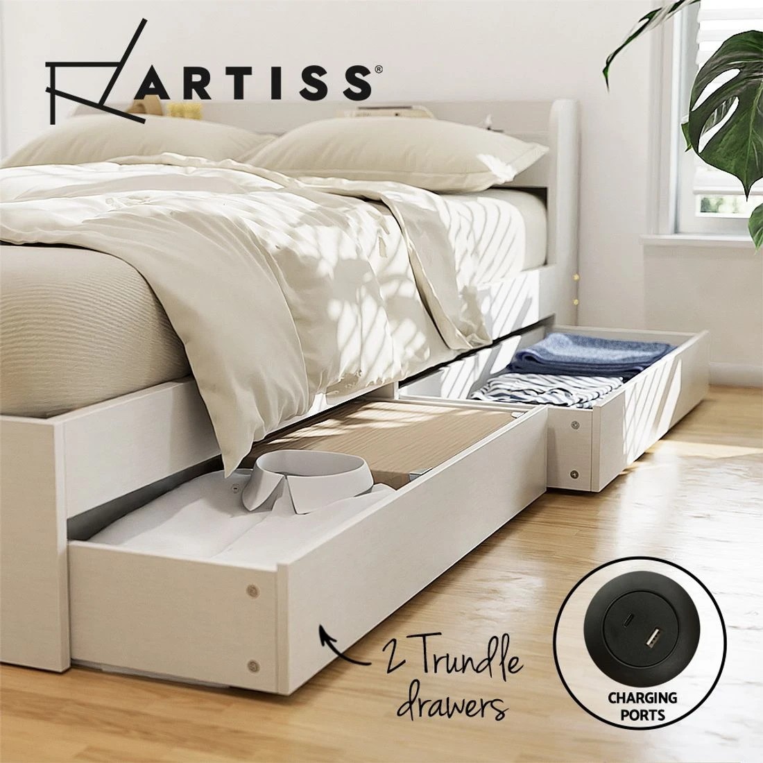 3 Artiss Bed Frame Single Size With Charging Ports And 2 Drawers Durable Space Saving Modern Decor Easy Assembly - White, 3 of 10