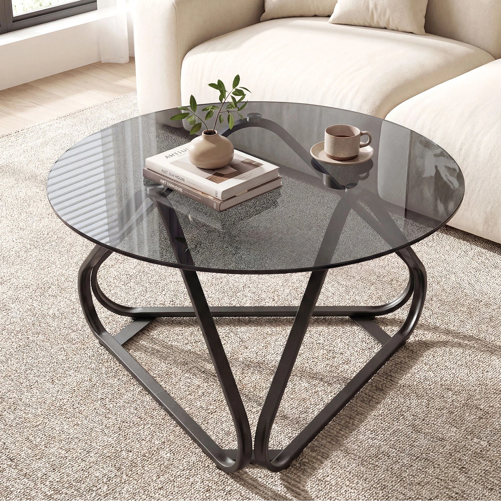 3 Costway Round Coffee Table Tempered Glass Tabletop Center Cocktail Table - Black, 3 of 7