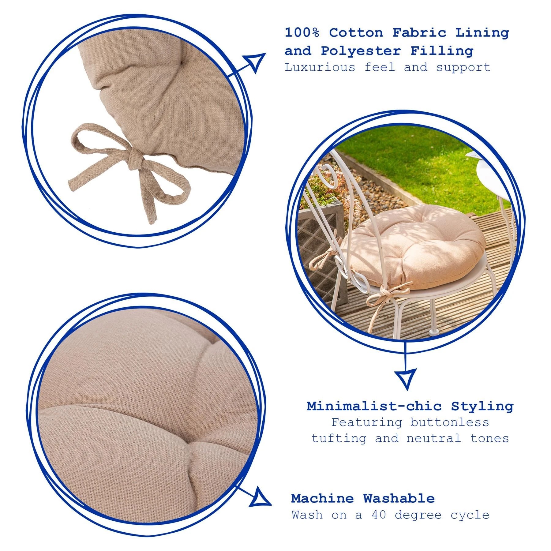 2 Harbour Housewares Round Dining Chair Seat Cushions - 40cm - Pack of 4 - Beige, 2 of 7