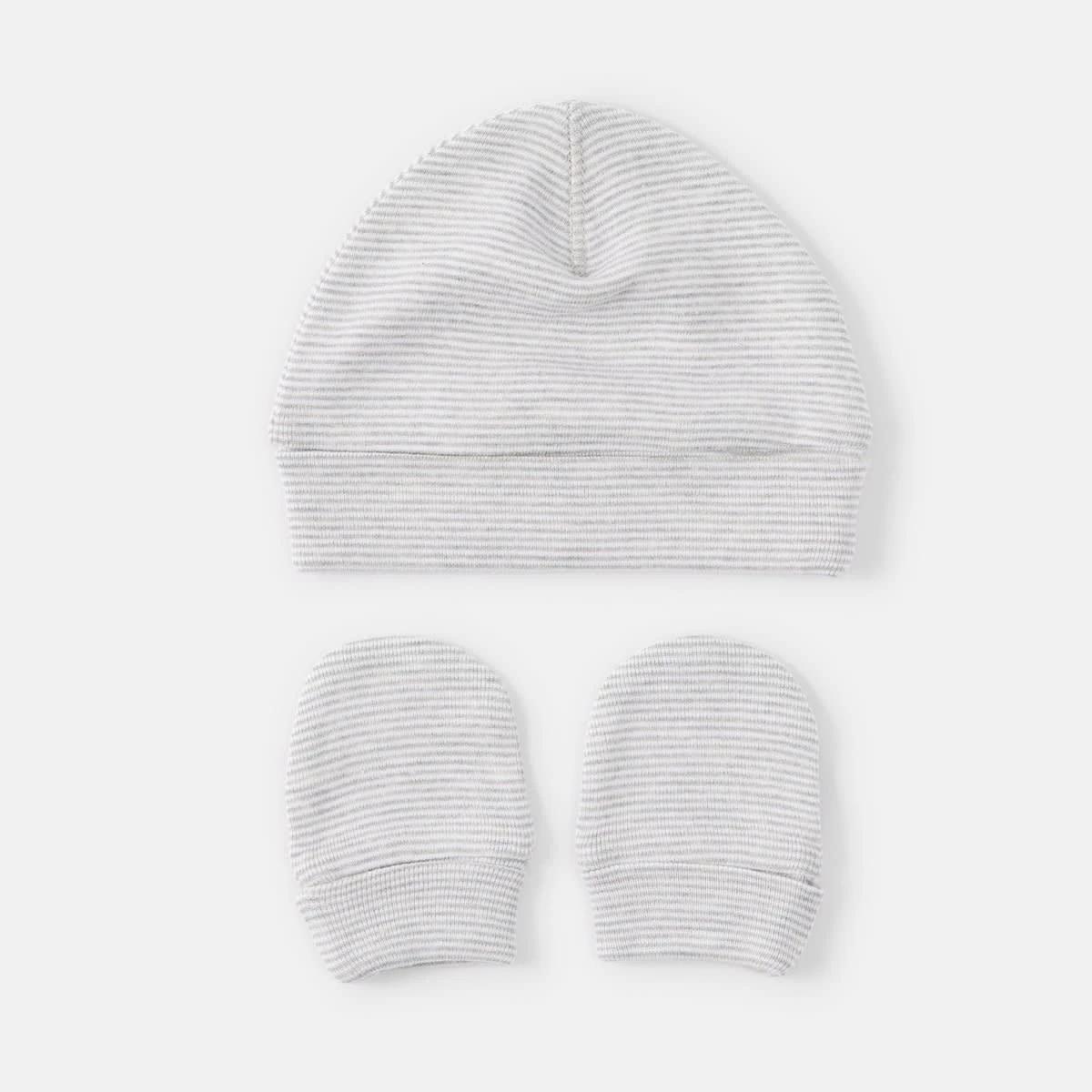 3 2 Pack Newborn Hat and Mittens Set GREY STRIPE AND SPOT, 3 of 8