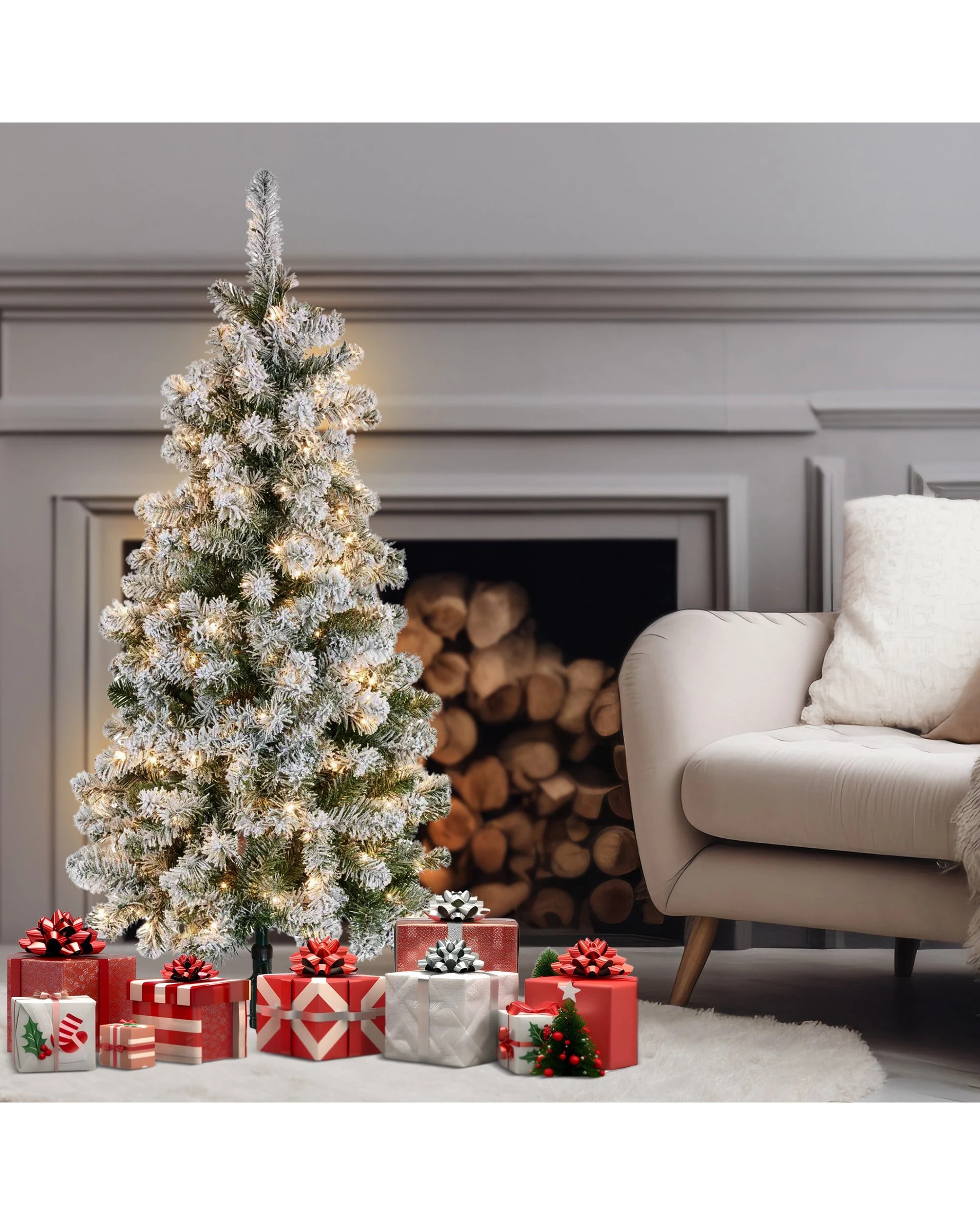 4 Christabelle 4.5ft - (137cm) Snowy Slimline Christmas Tree with LED Lights, 4 of 4