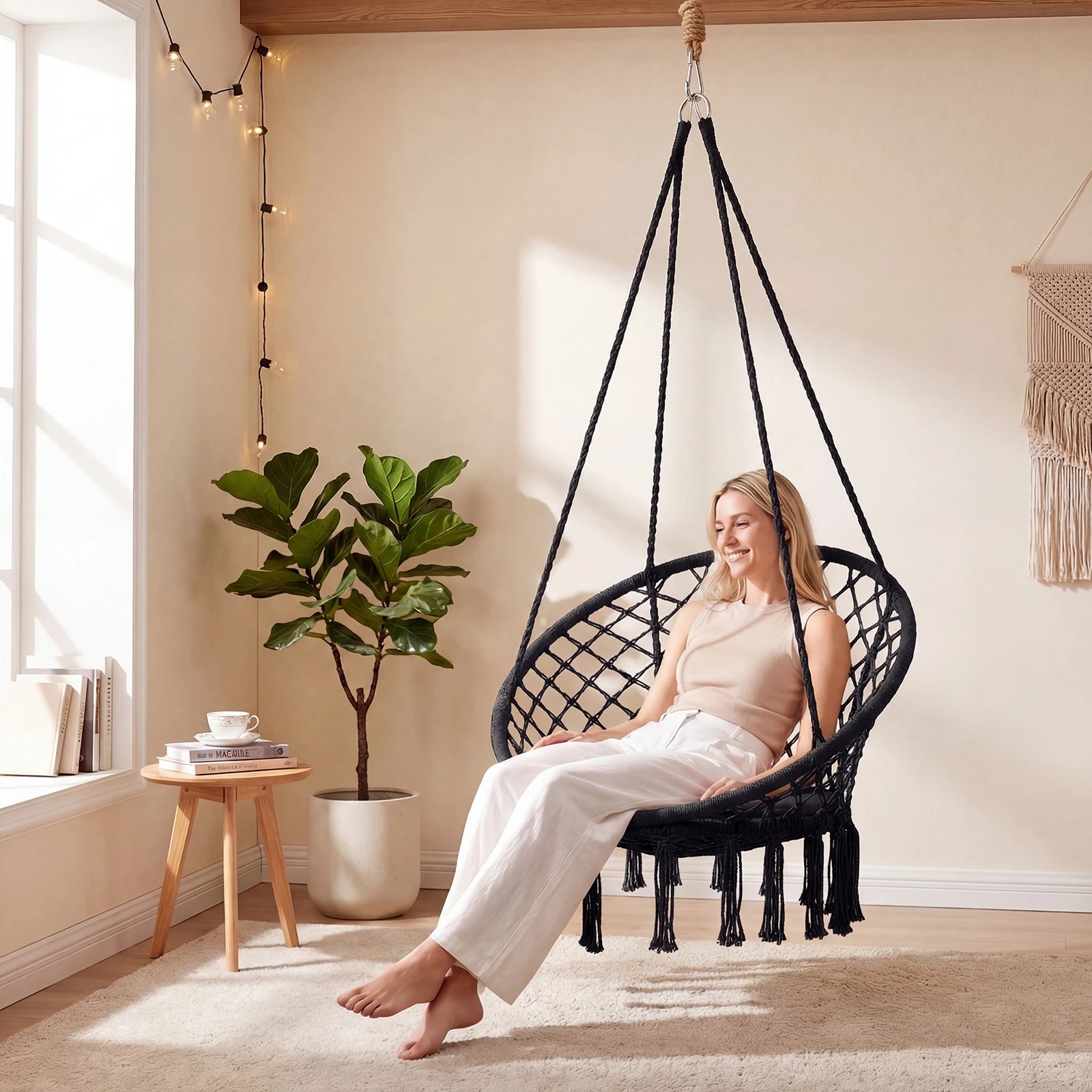4 Costway Macrame Hammock Chair Boho Rope Hanging Swing Chair - Black, 4 of 4