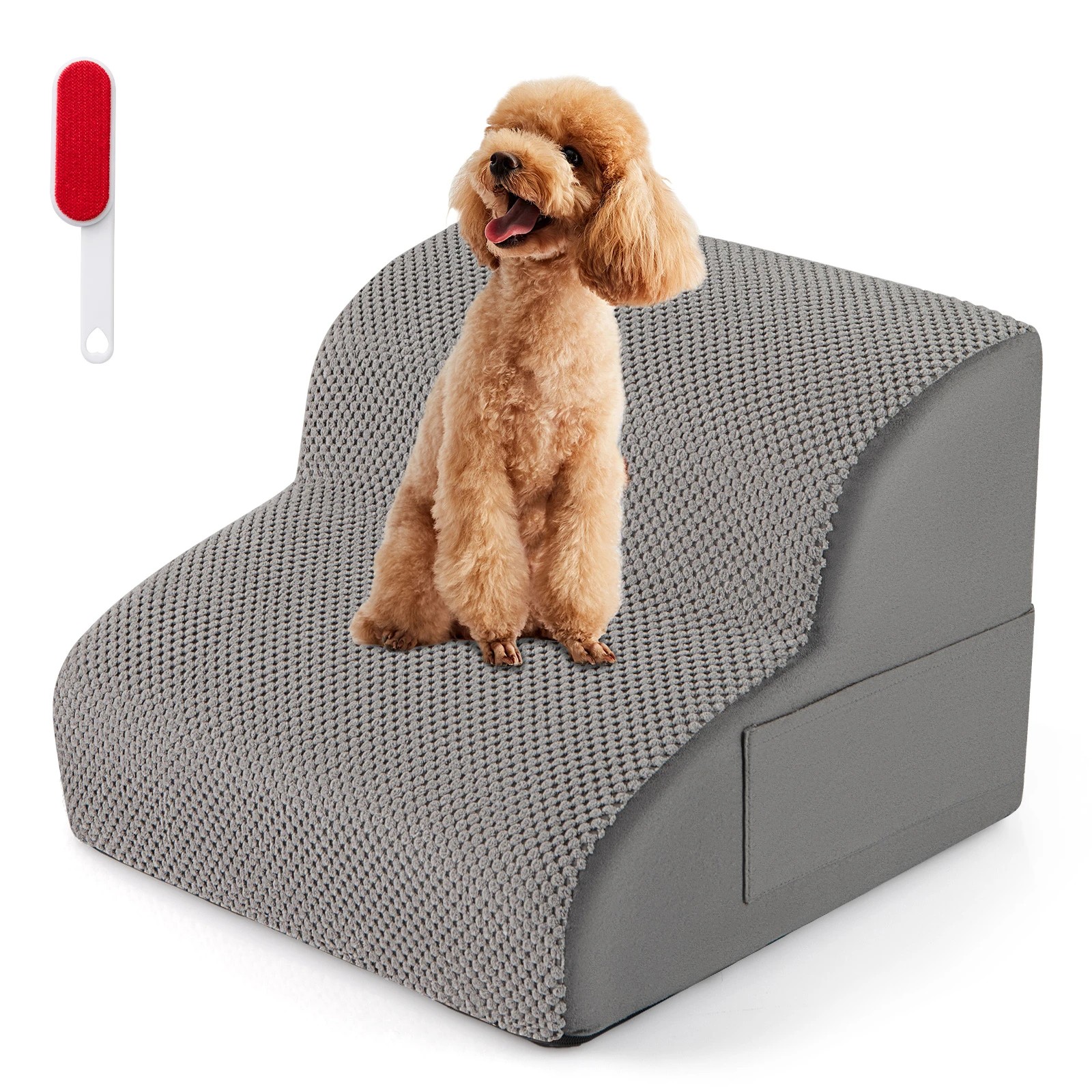 6 Costway 2-Tier Foam Dog Ramp Pet Step Stairs w/Hair Remover - Grey, 6 of 6