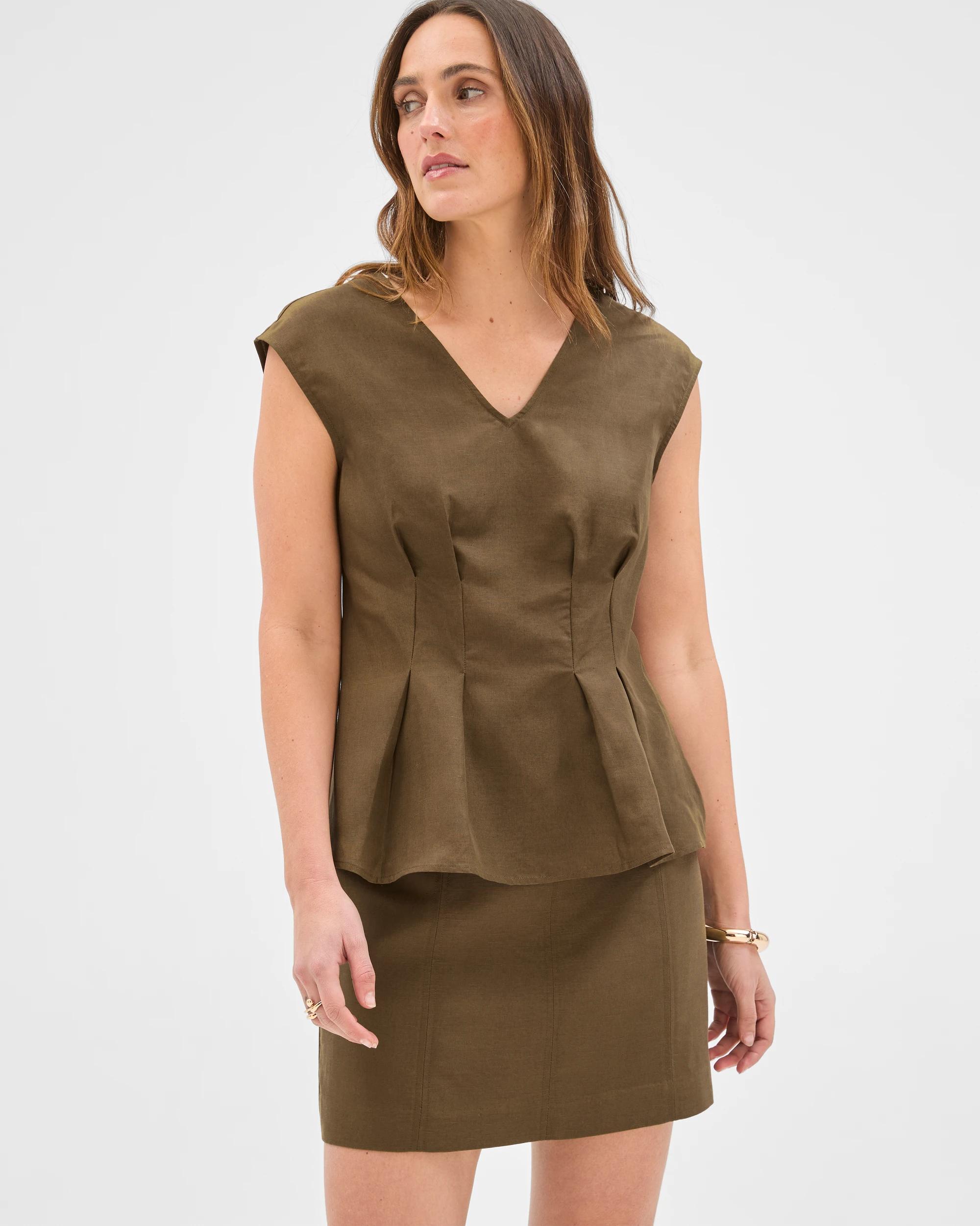 2 Preview Tania Sleeveless Tuck Waist V-Neck Tunic Top KHAKI OLIVE, 2 of 7