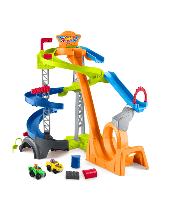 Fisher-Price Hot Wheels Little People Spiral Stunt Speedway Toddler Race Track Playset