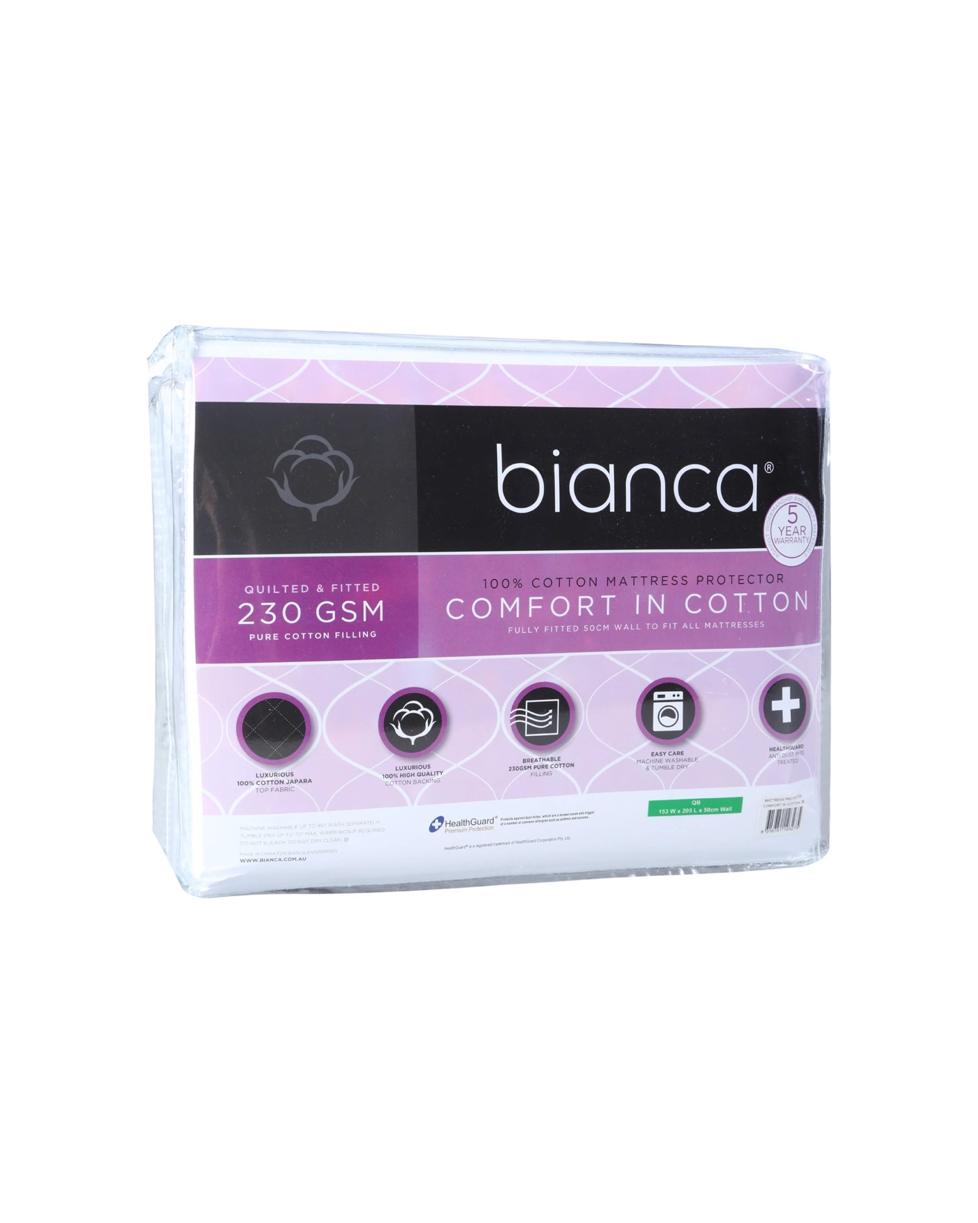 1 Bianca Comfort In Cotton Quilted Mattress Protector Single - White, 1 of 3
