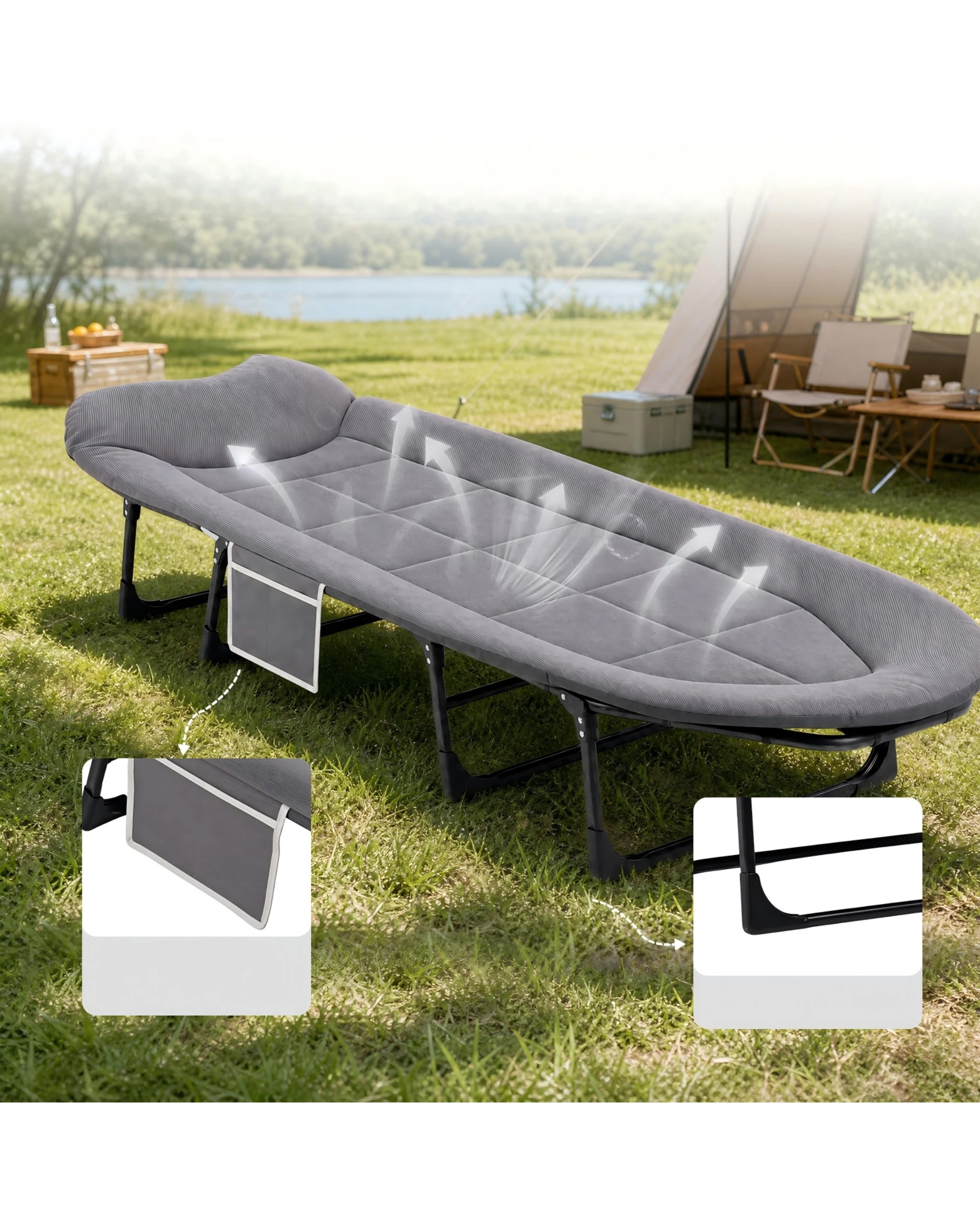 4 Advwin Folding Camping Cot, 180°Adjustable Foldable Bed Cot with Mat & Pilllow, 8-Leg Support 440LBS - Grey, 4 of 7