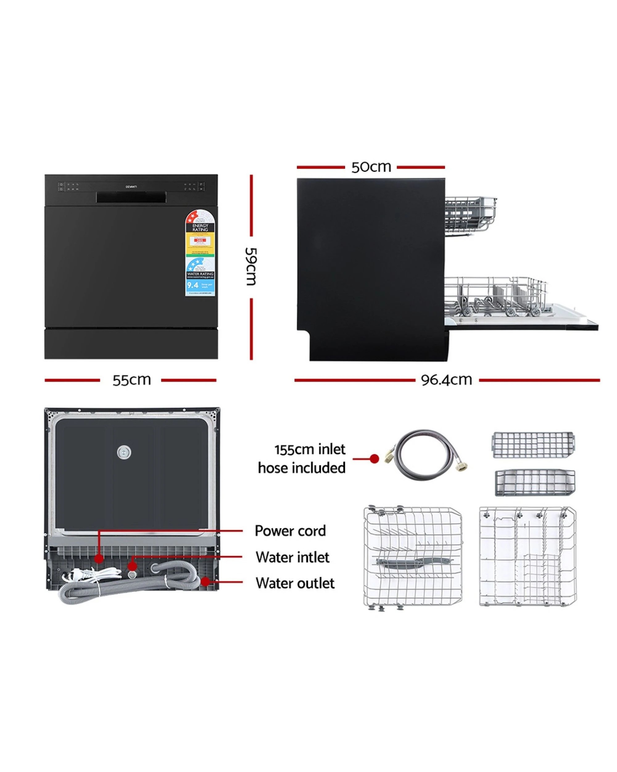 2 Devanti 8 Place Settings Benchtop Dishwasher
 - Black, 2 of 3