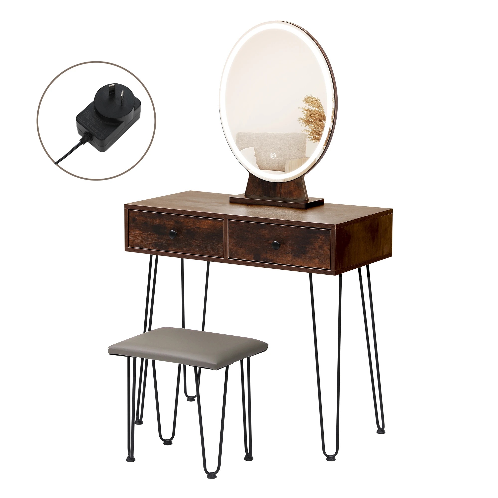 1 Levede Led Mirror Dressing Table Set - Brown, 1 of 9