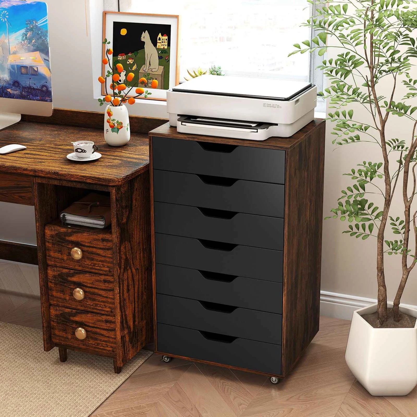 2 Costway 7 Drawer Mobile File Cabinet Rolling Storage Drawer Chest for Home Office - Brown, 2 of 4
