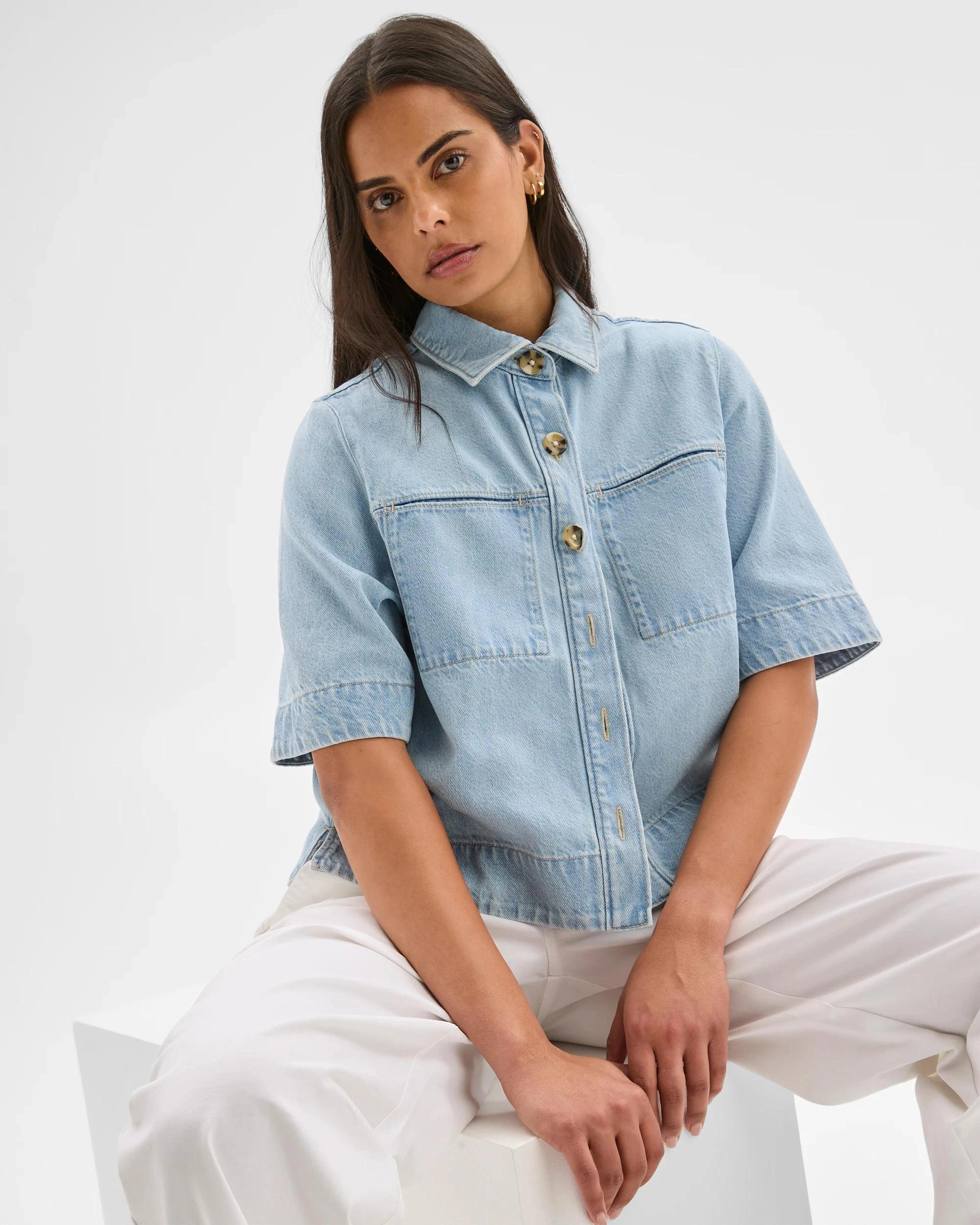 7 Target Denim Denim Short Sleeve Shacket SUNBLEACHED, 7 of 7