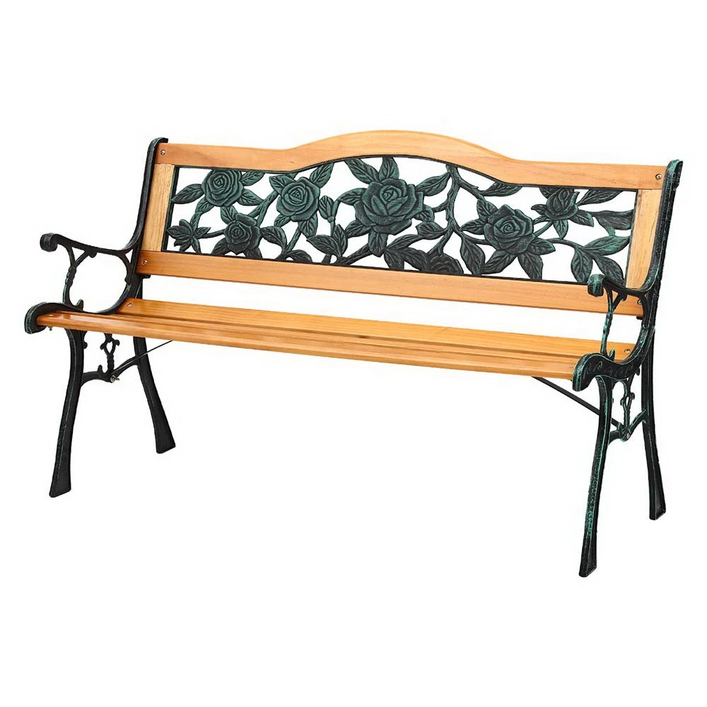 1 Gardeon Outdoor Garden Bench Seat 126cm Wooden Cast Iron 3 Seater Patio Furniture - Natural, 1 of 5