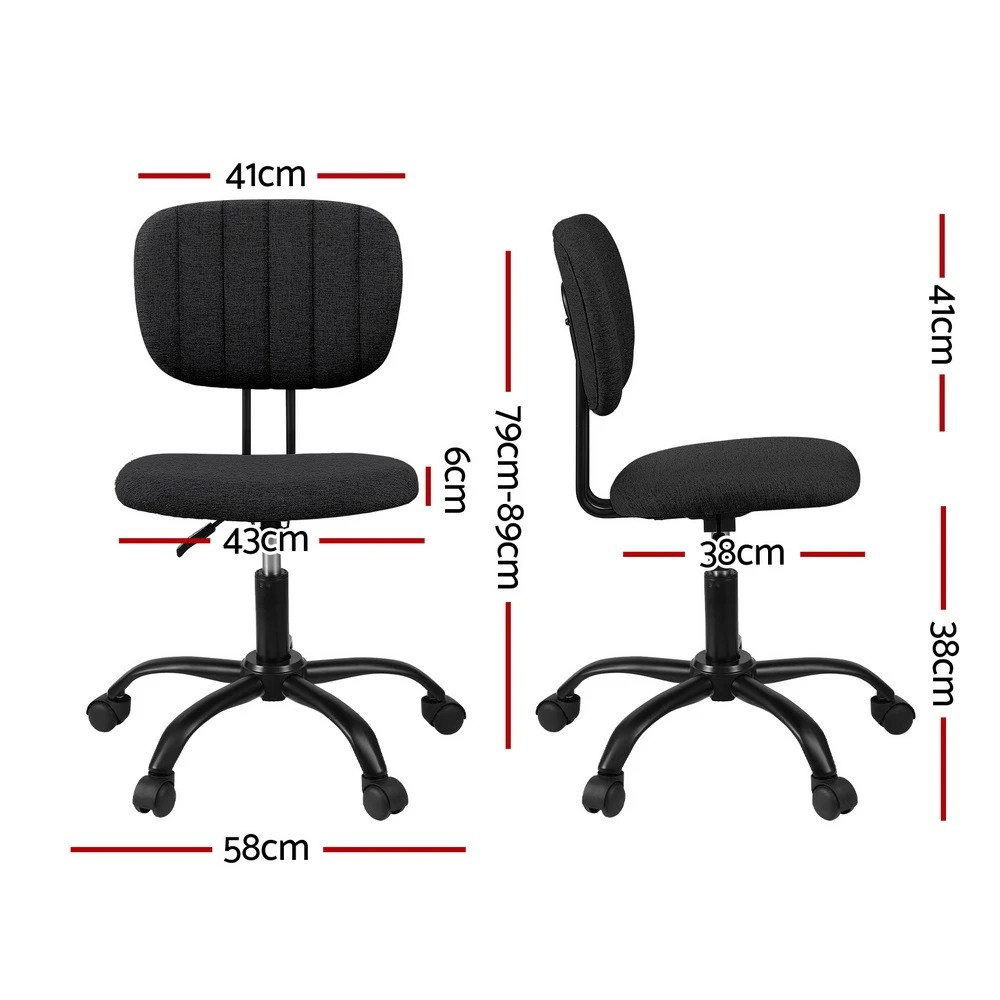 2 Artiss Armless Office Chair w/ Wheels, 360° Swivel, Height Adjustable, Fabric Seat & Back - Black, 2 of 7
