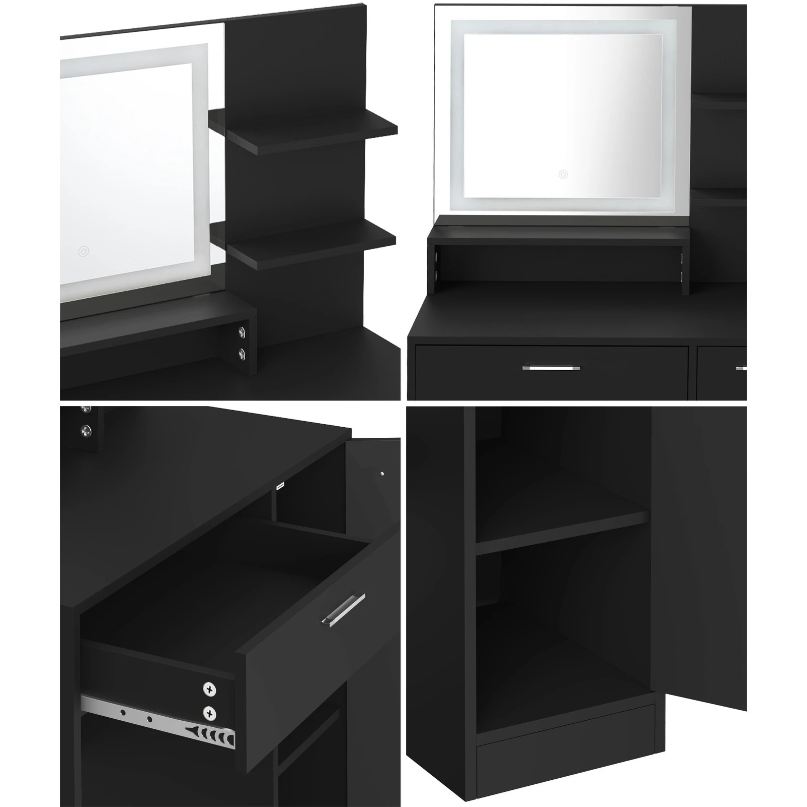 4 Oikiture Dressing Table Stool Set Makeup Mirror Led Light Large Cabinet
 - Black, 4 of 9