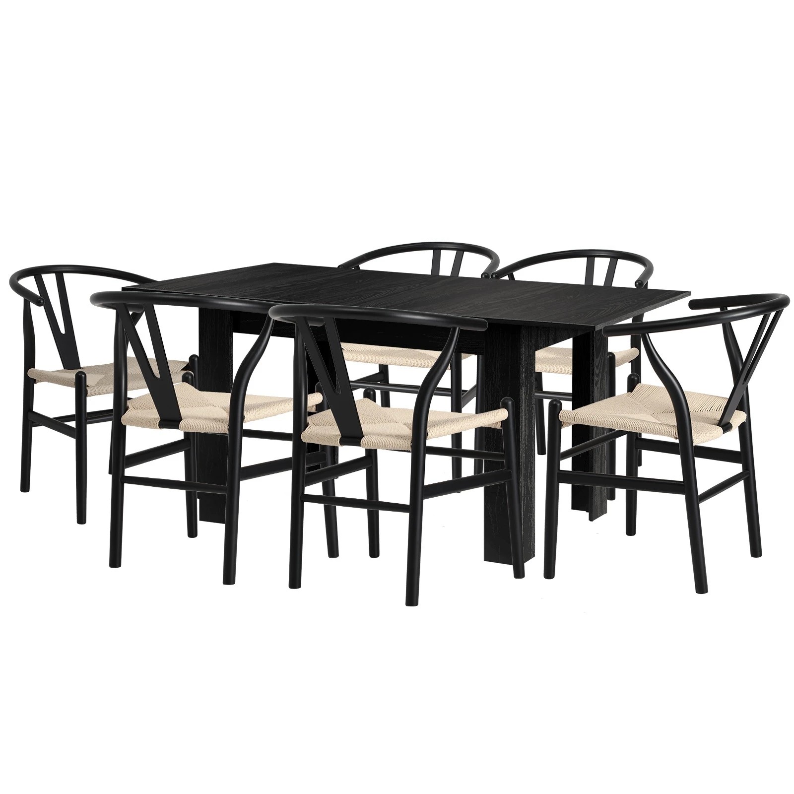 1 Oikiture 160cm Extendable Dining Table with 6x Hans Wegner Dining Chairs - Black, 1 of 9