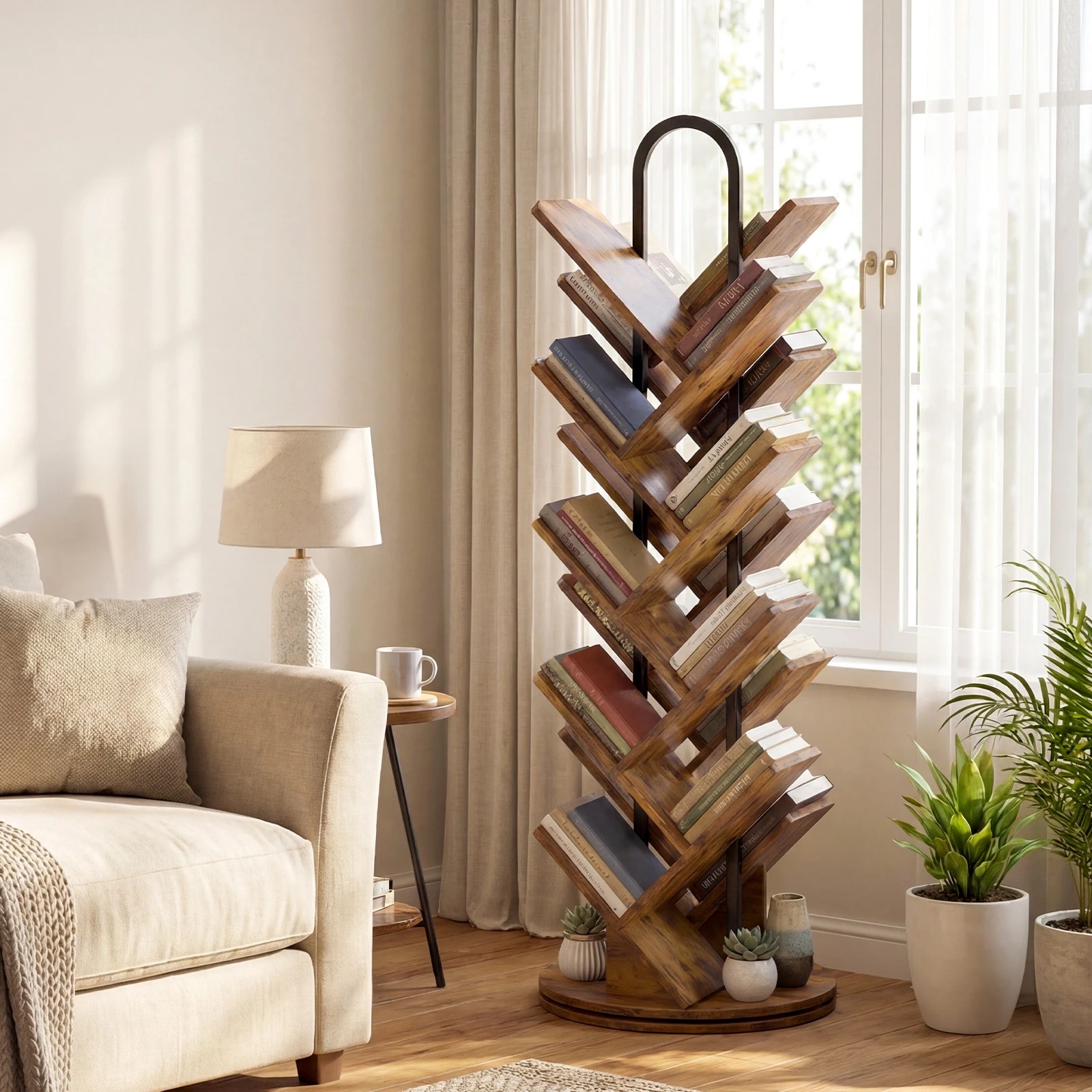 1 Advwin 16-Tier Tree Rotating Bookshelf Narrow Bookcase - Brown, 1 of 6